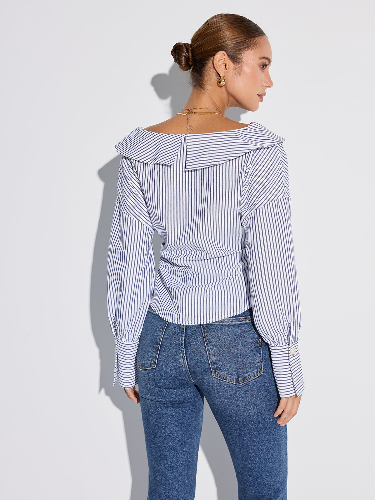 Striped Asymmetrical Placket Button Shirt-Massicos
