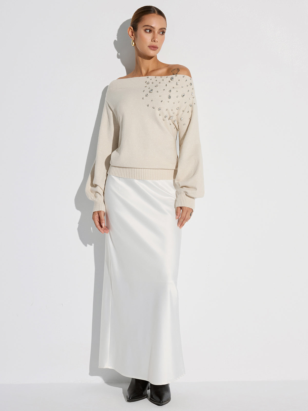 Rhinestone-Embellished Off-Shoulder Sweater-Massicos