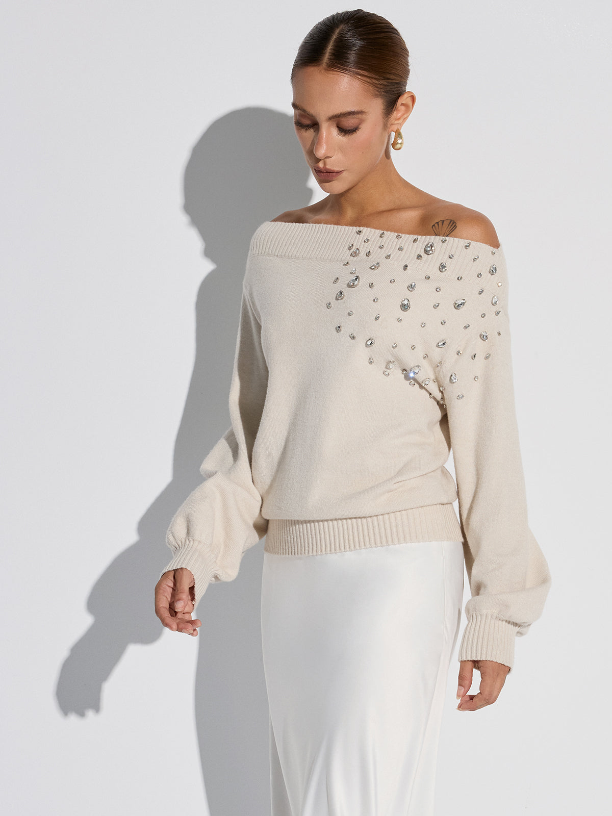 Rhinestone-Embellished Off-Shoulder Sweater-Massicos