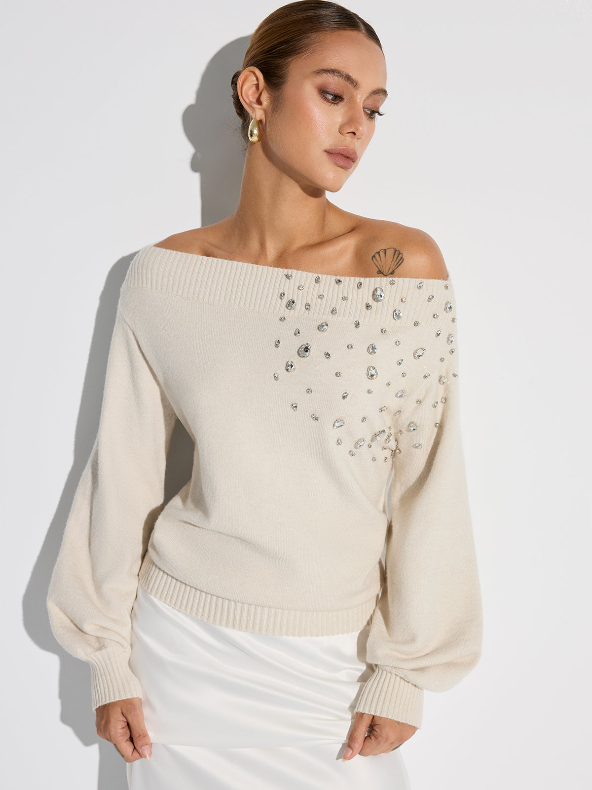 Rhinestone-Embellished Off-Shoulder Sweater-Massicos