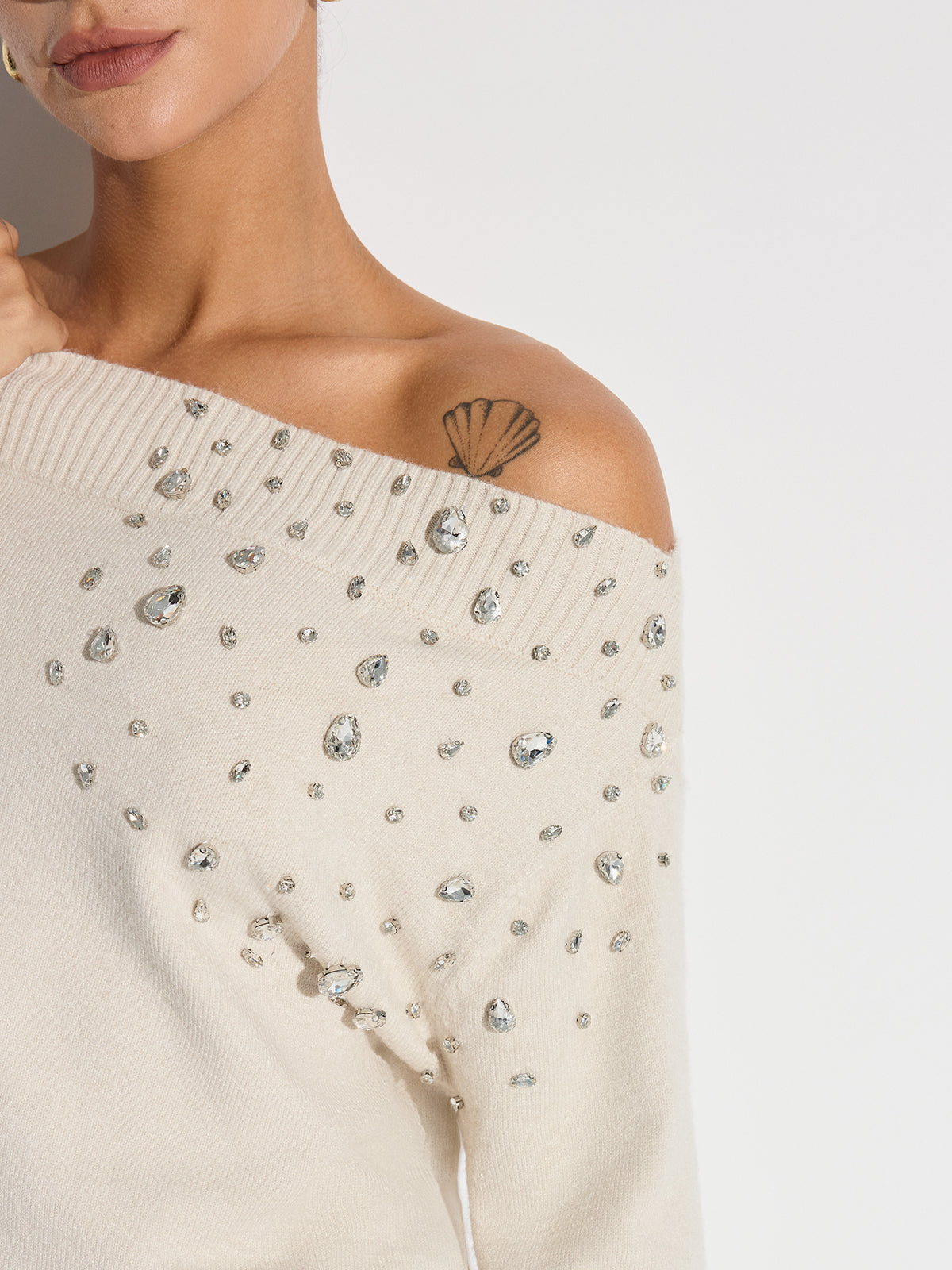 Rhinestone-Embellished Off-Shoulder Sweater-Massicos