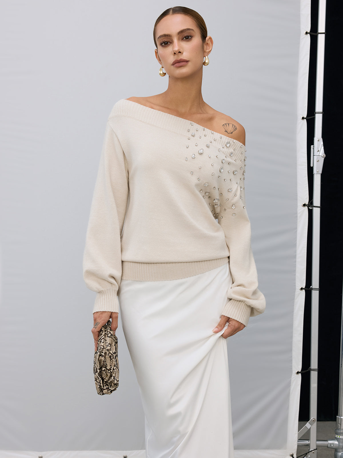 Rhinestone-Embellished Off-Shoulder Sweater-Massicos