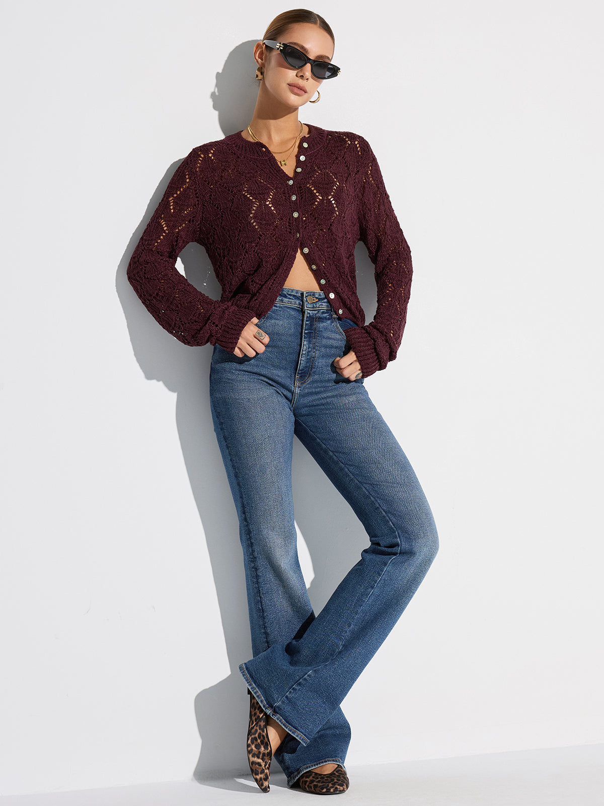 Semi-Sheer Openwork Knit Cardigan-Massicos