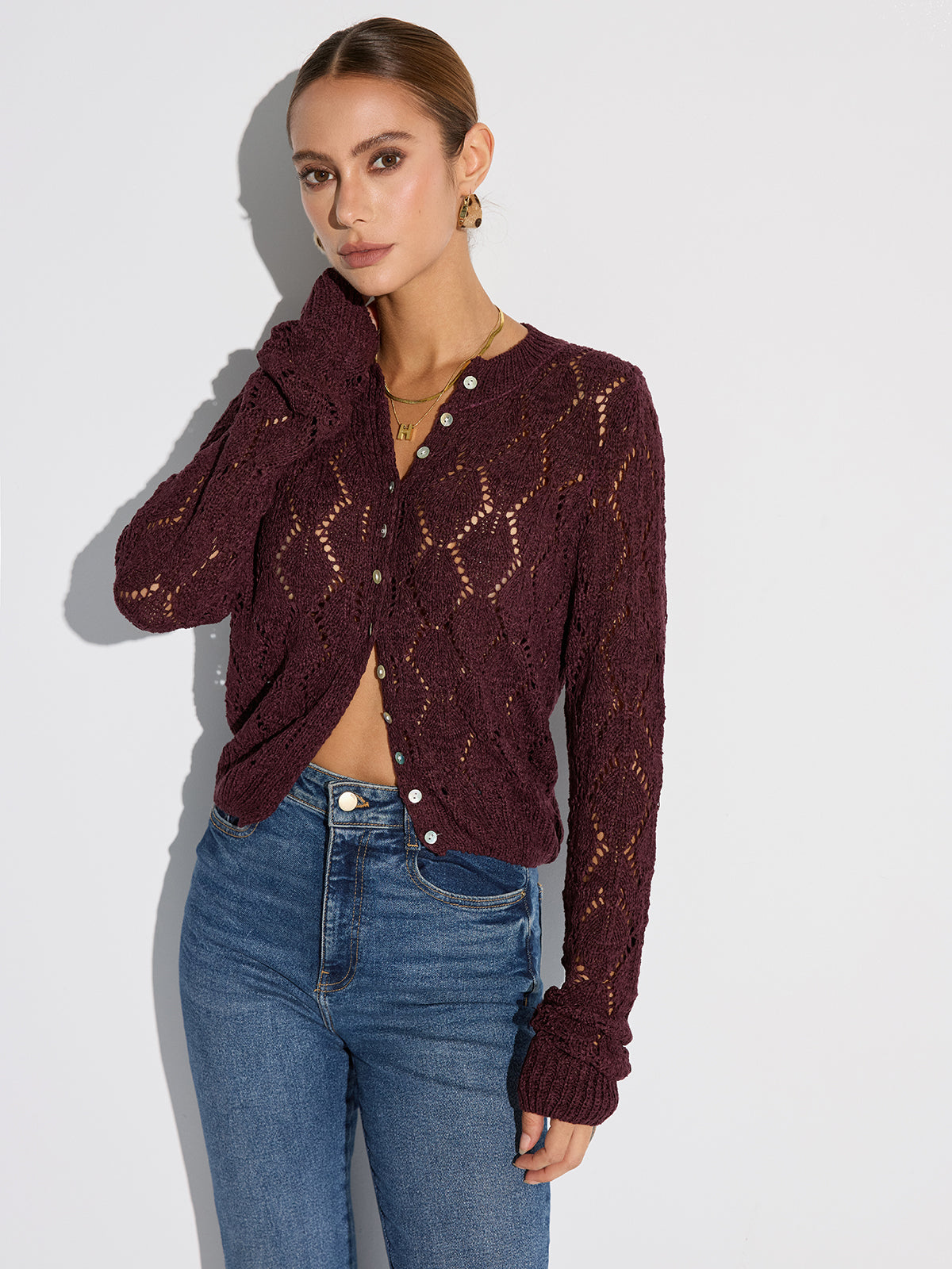 Semi-Sheer Openwork Knit Cardigan-Massicos