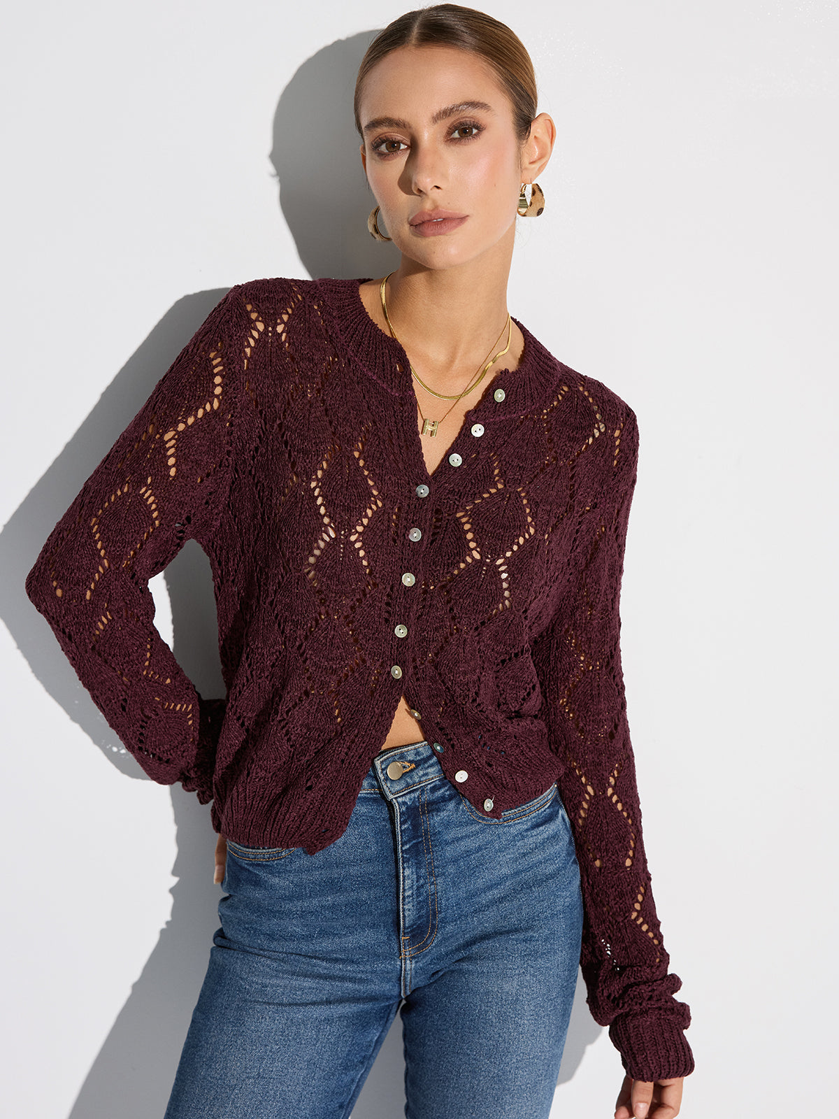 Semi-Sheer Openwork Knit Cardigan-Massicos