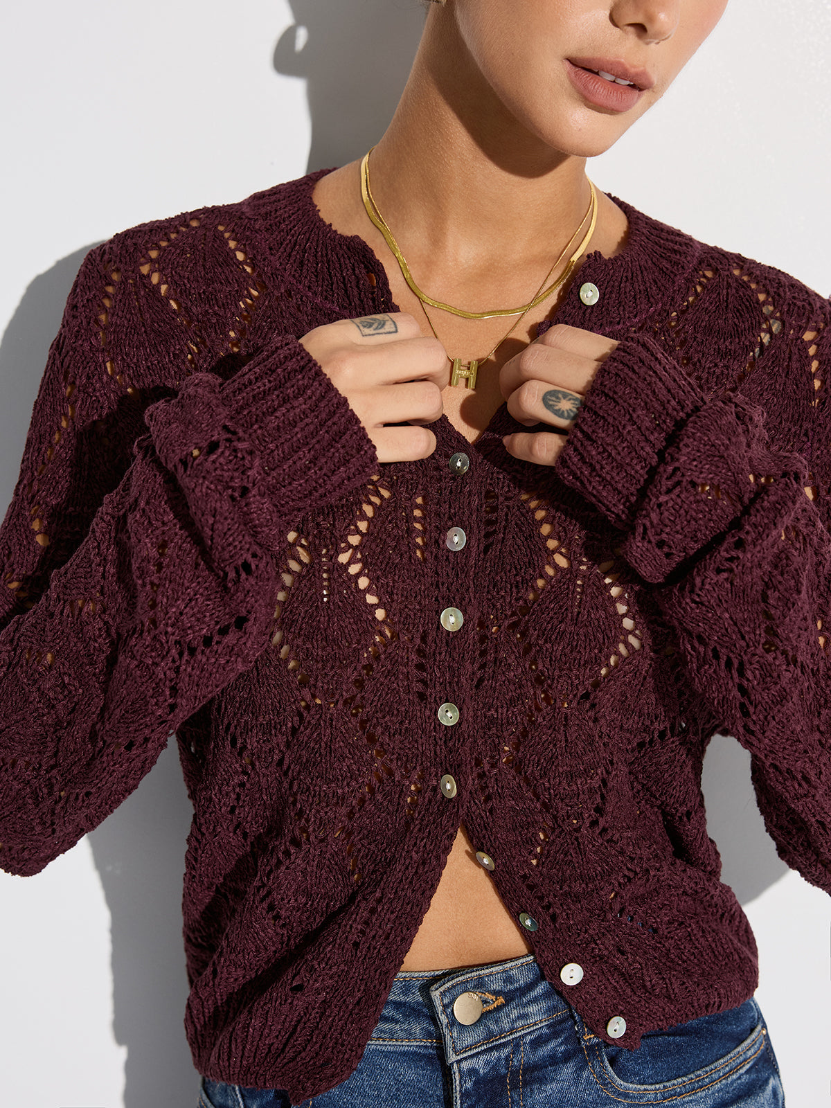 Semi-Sheer Openwork Knit Cardigan-Massicos