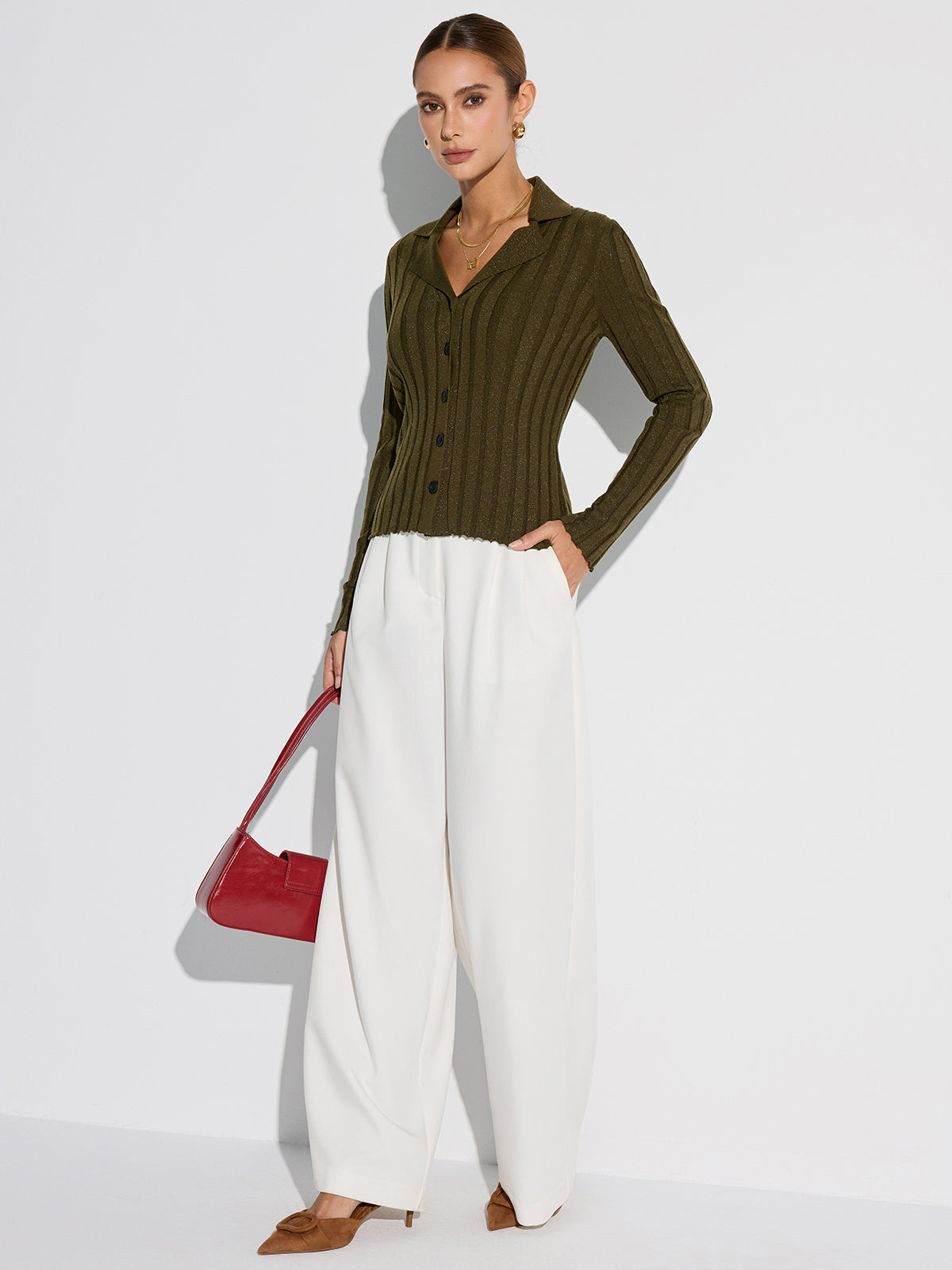 Collared Textured Button Wool Blend Sweater-Massicos