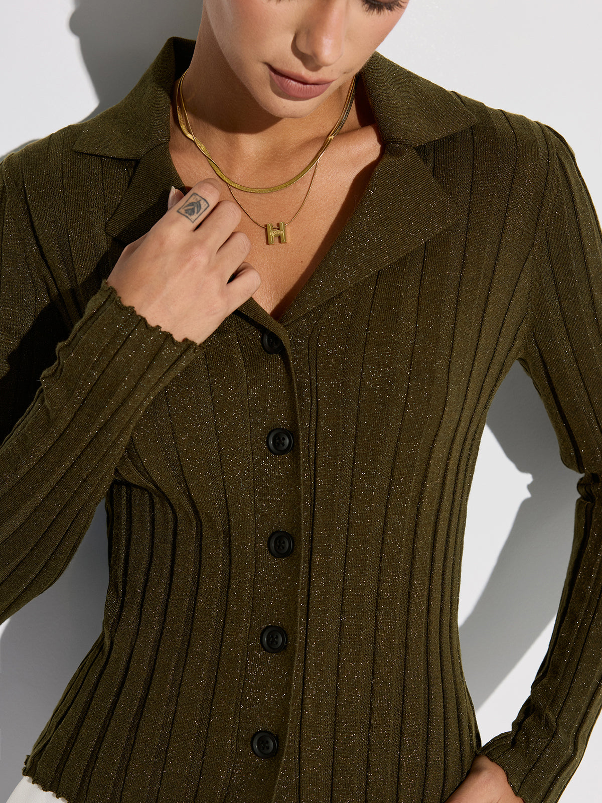 Collared Textured Button Wool Blend Sweater-Massicos