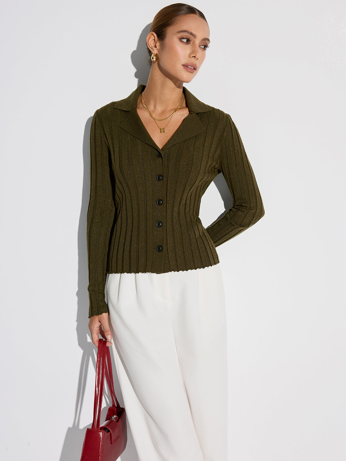 Collared Textured Button Wool Blend Sweater-Massicos