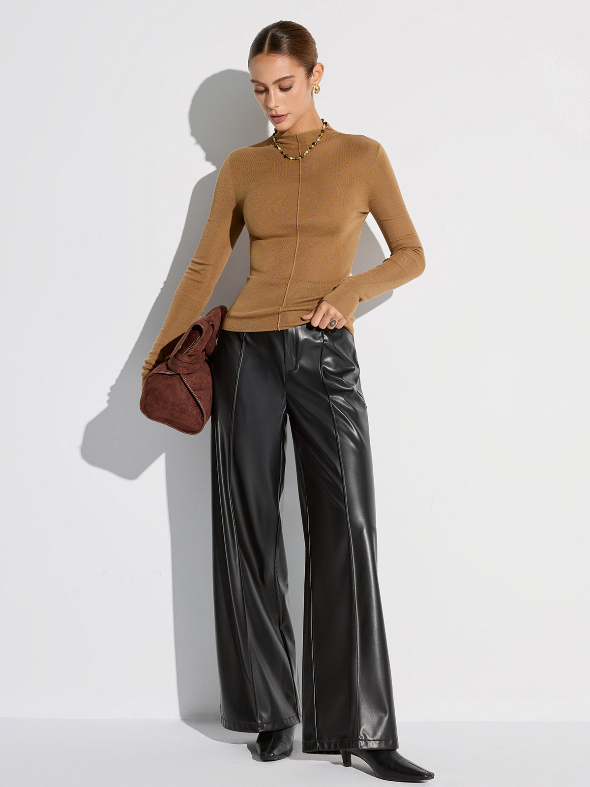 Wool Blend Mock Neck Fitted Long Sleeve Knit Top-Massicos