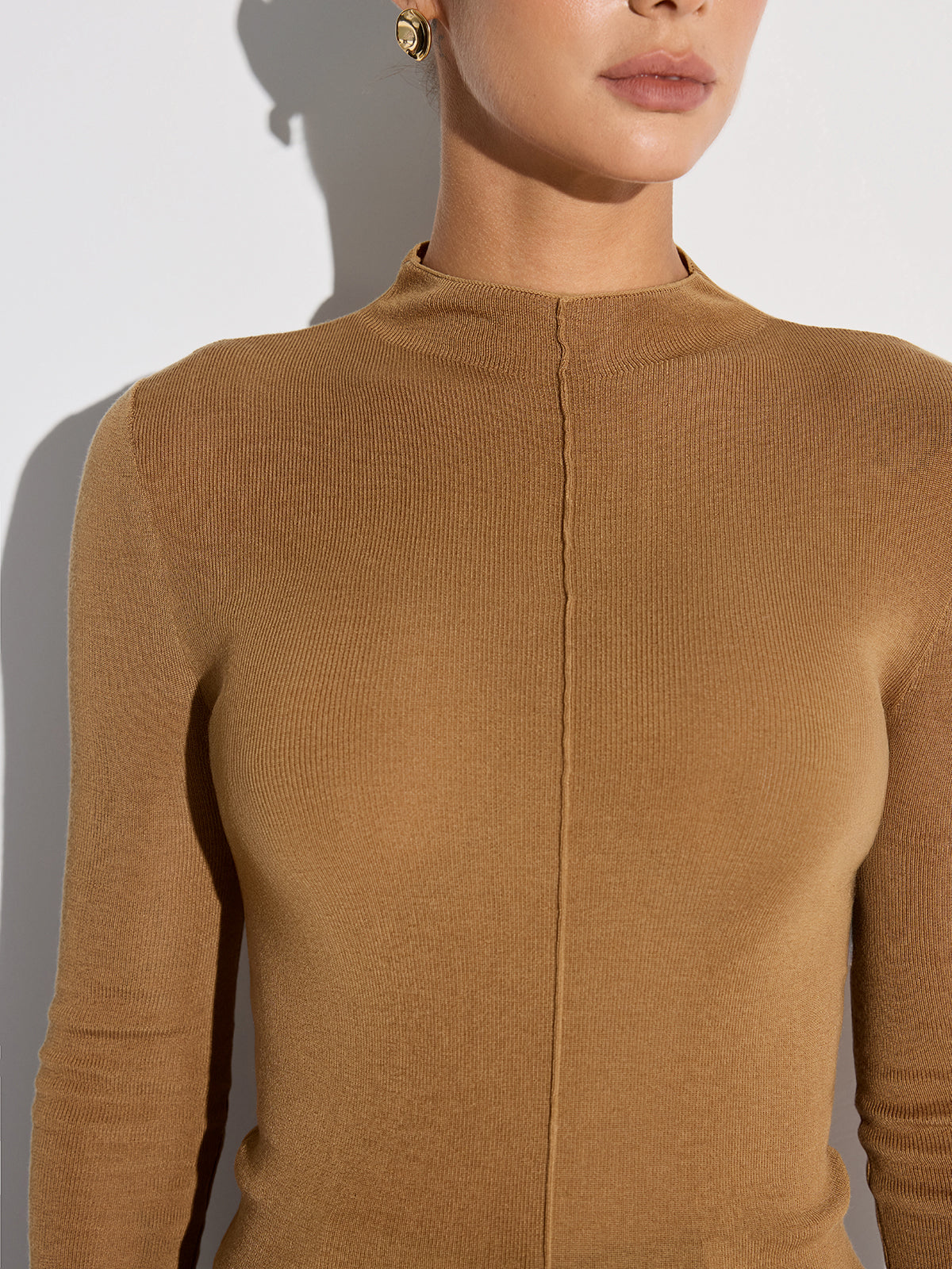 Wool Blend Mock Neck Fitted Long Sleeve Knit Top-Massicos