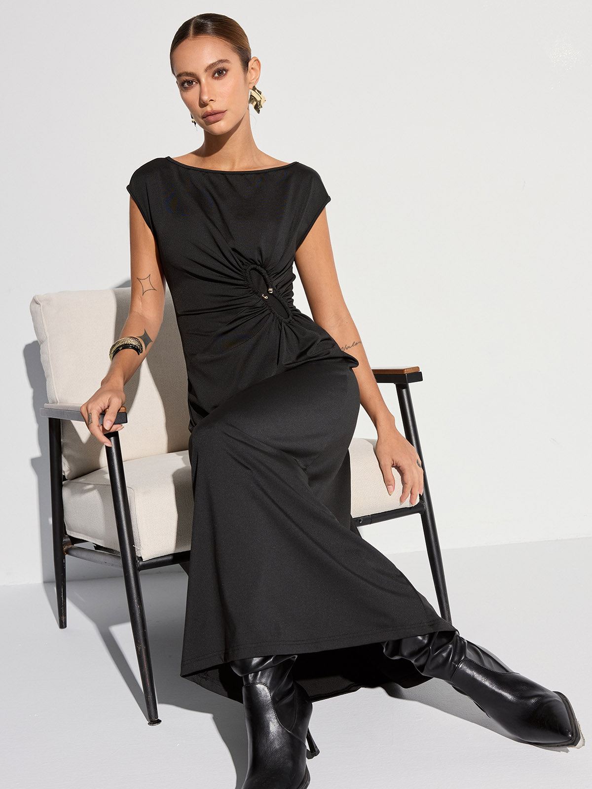 Cap Sleeve Ruched Backless Maxi Dress-Massicos