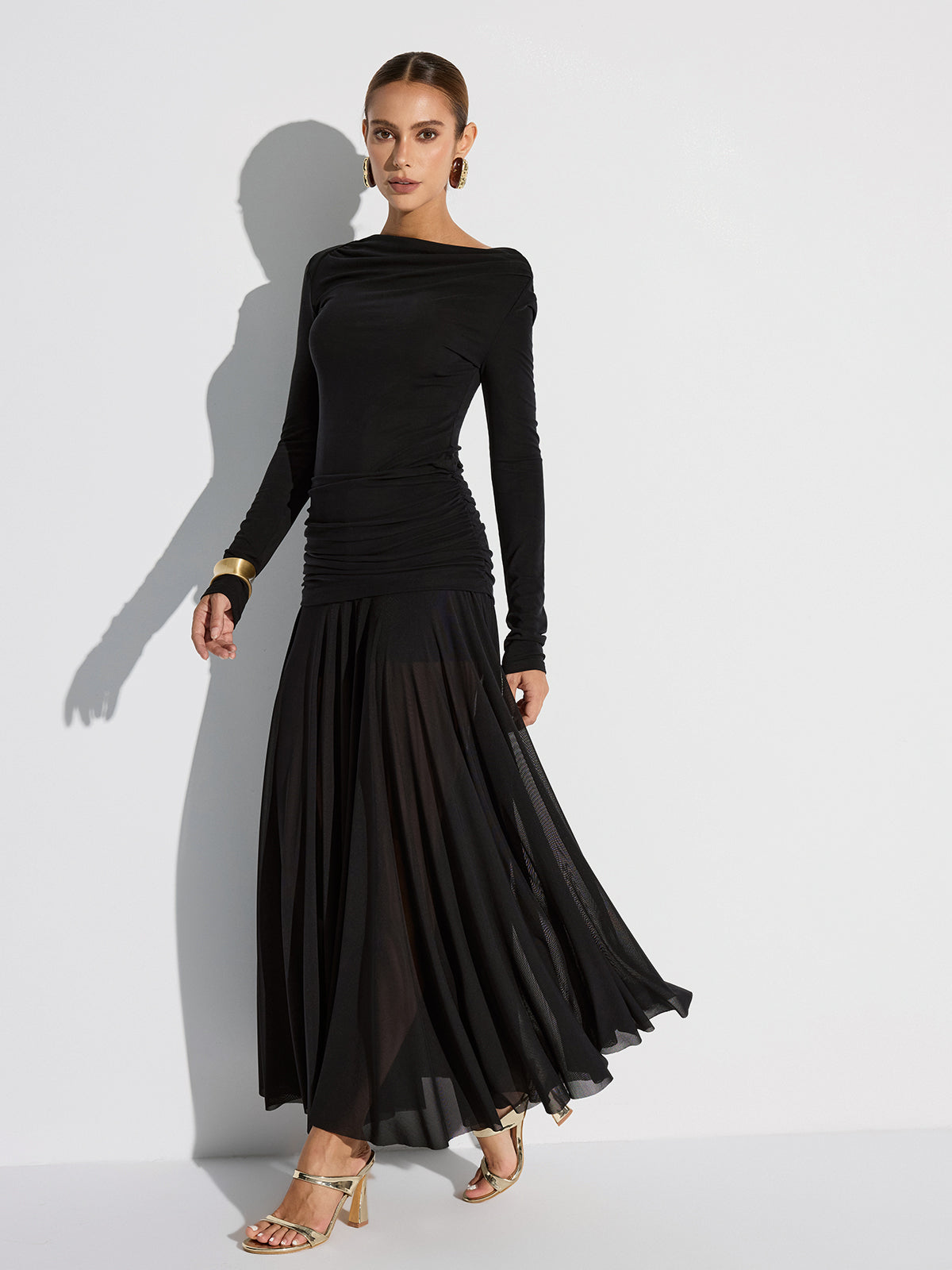Draped Long Sleeve Top and Mesh Pleated Skirt Set-Massicos