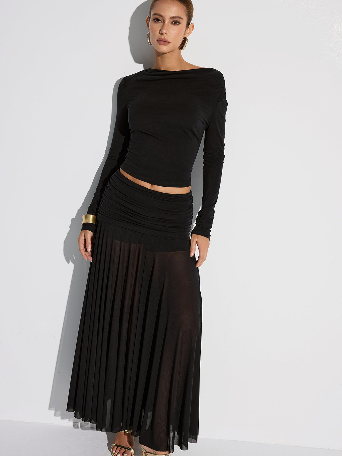 Draped Long Sleeve Top and Mesh Pleated Skirt Set-Massicos