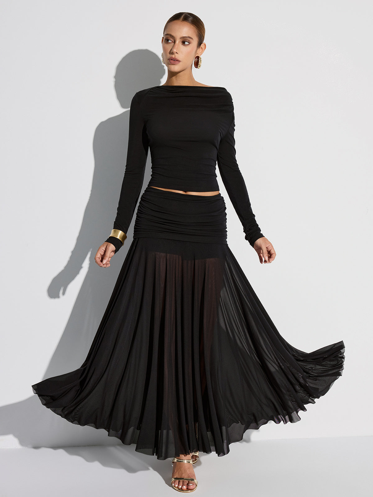 Draped Long Sleeve Top and Mesh Pleated Skirt Set-Massicos