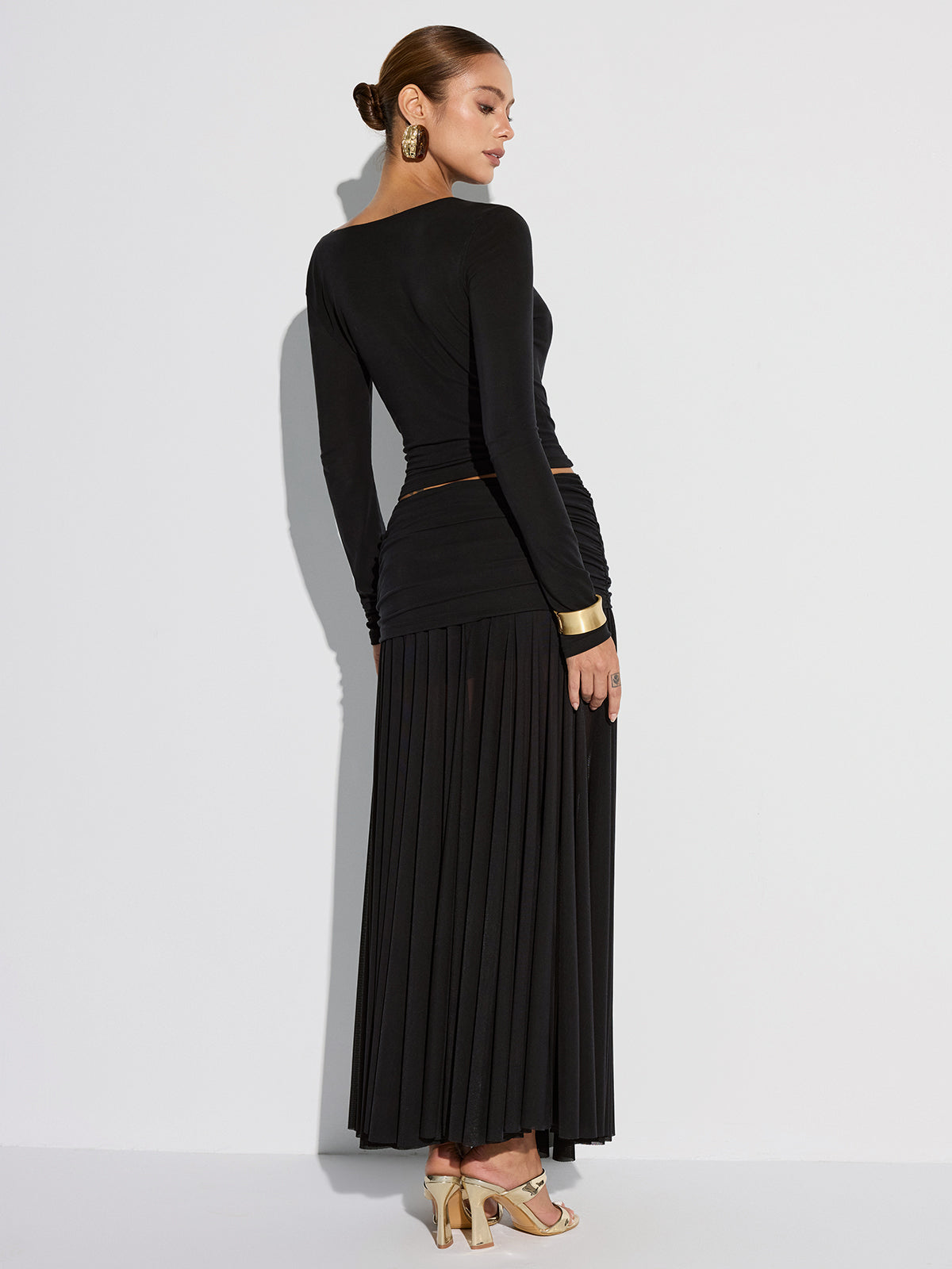 Draped Long Sleeve Top and Mesh Pleated Skirt Set-Massicos
