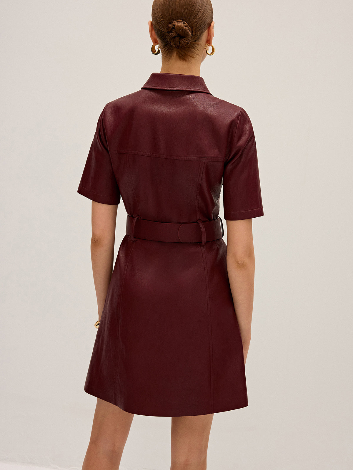Shirt Collar Belted PU Leather Mini Dress-Massicos