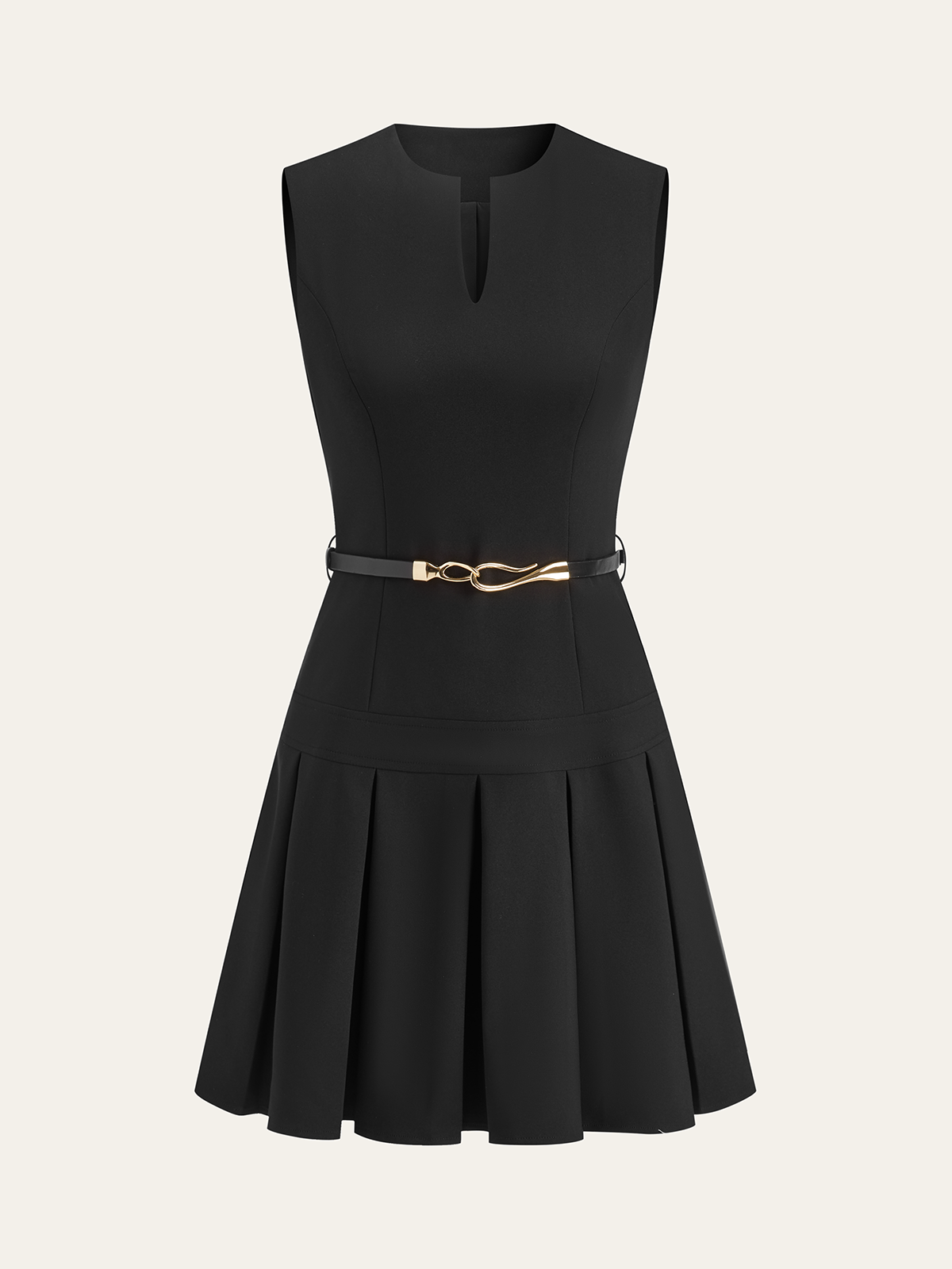 Sleeveless Keyhole-Neck Belted Pleated Mini Dress-Massicos