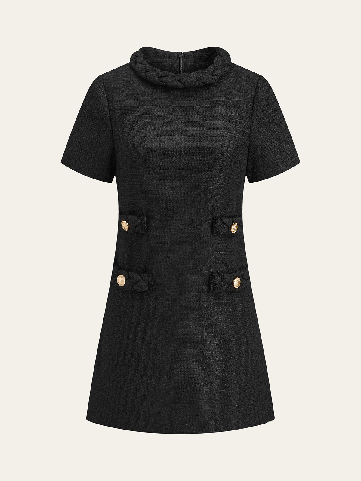 Tweed Braided Rope Collar Short Sleeve Dress-Massicos