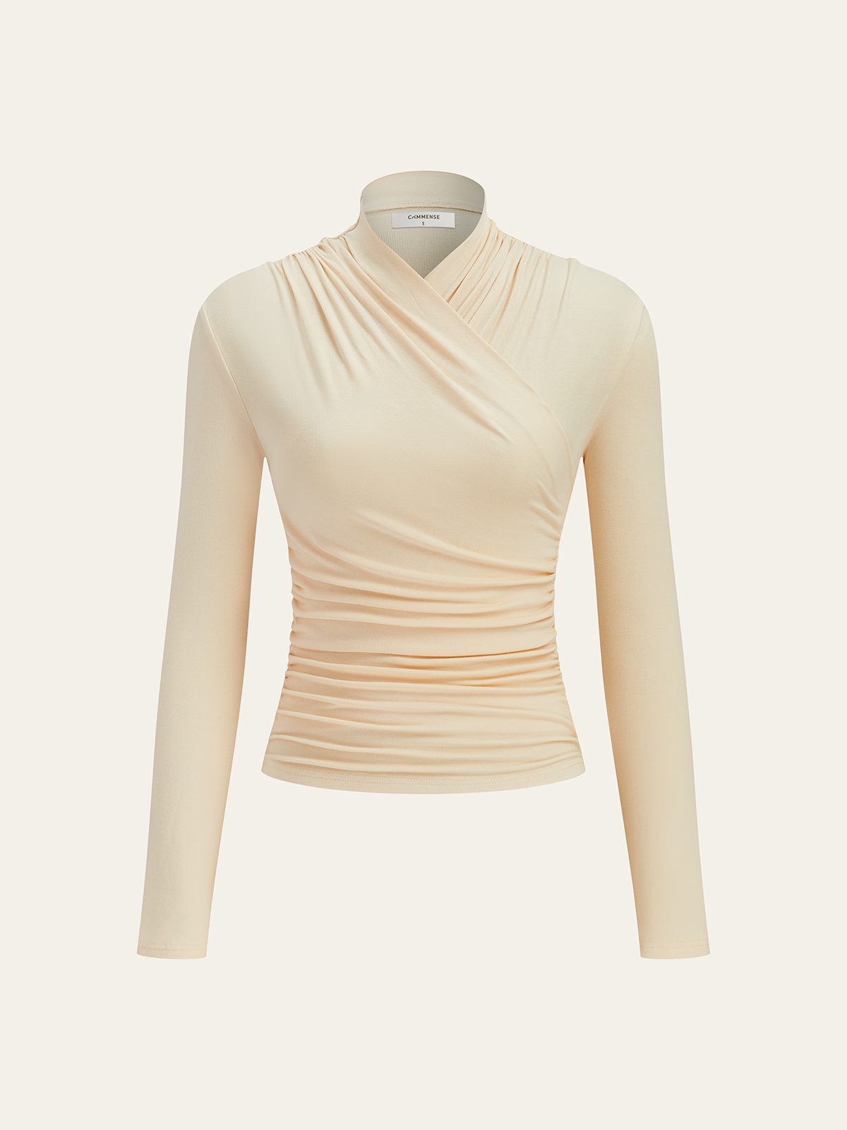 Cross-Over Collar Pleated Cinched T-Shirt-Massicos