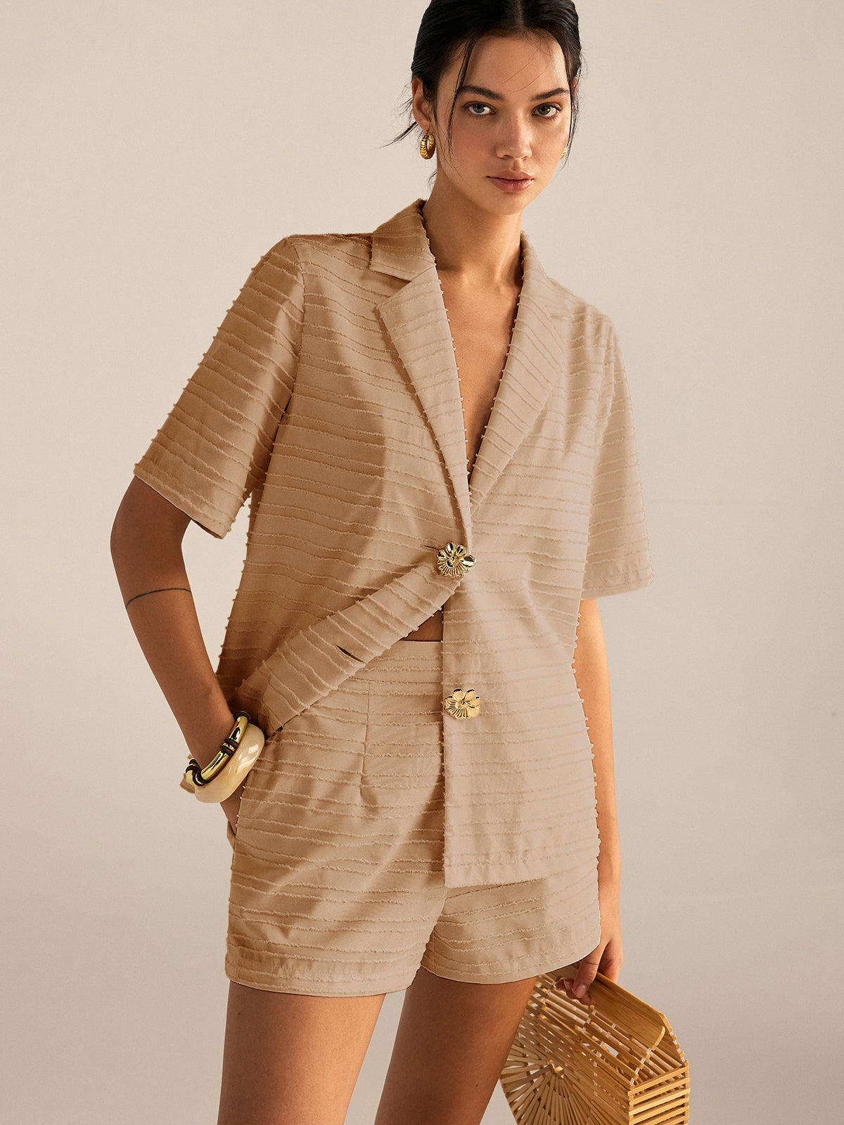 Textured Short-Sleeve Blazer and Shorts Set-Massicos