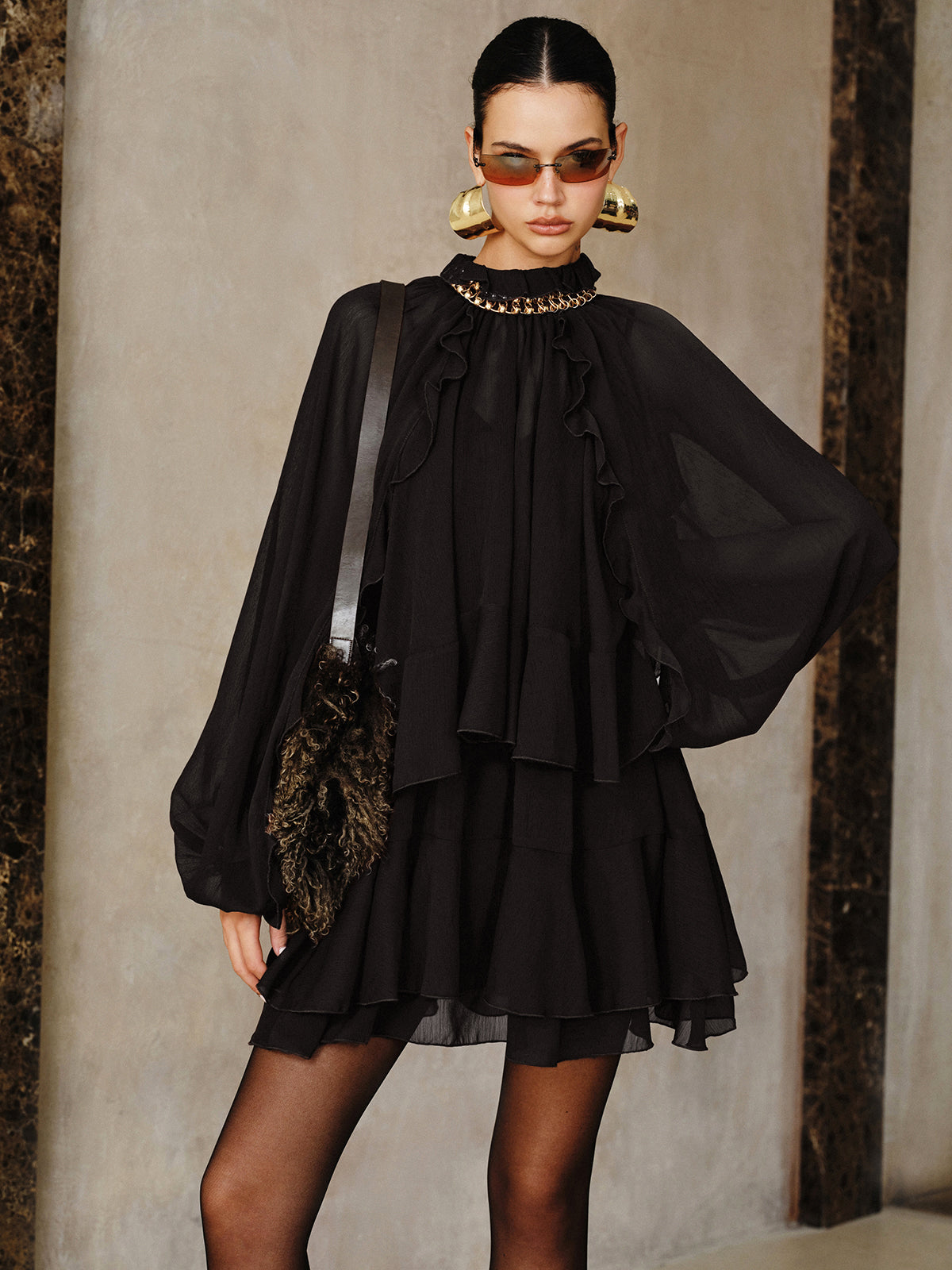 Tiered Ruffle Chiffon Mini Dress Set with Liner-Massicos