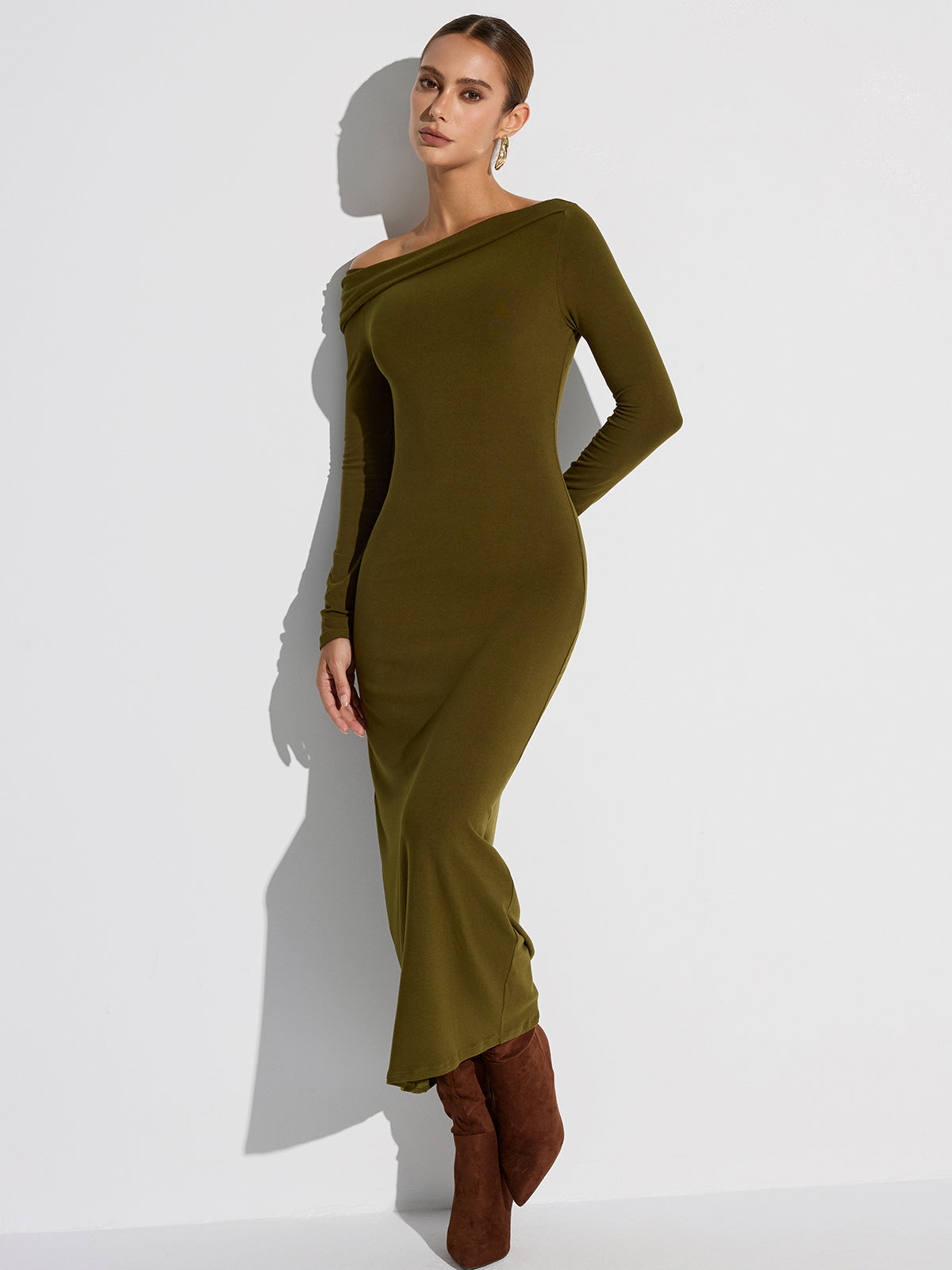 Off-Shoulder Long Sleeve Maxi Dress-Massicos