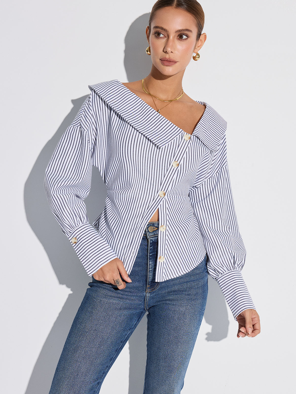 Striped Asymmetrical Placket Button Shirt-Massicos