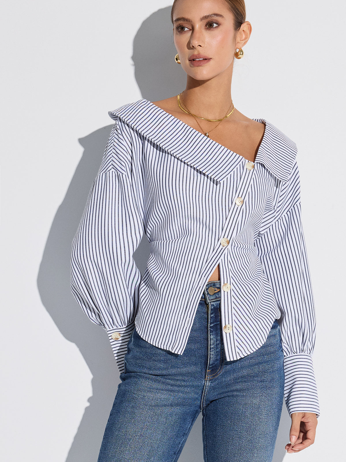 Striped Asymmetrical Placket Button Shirt-Massicos