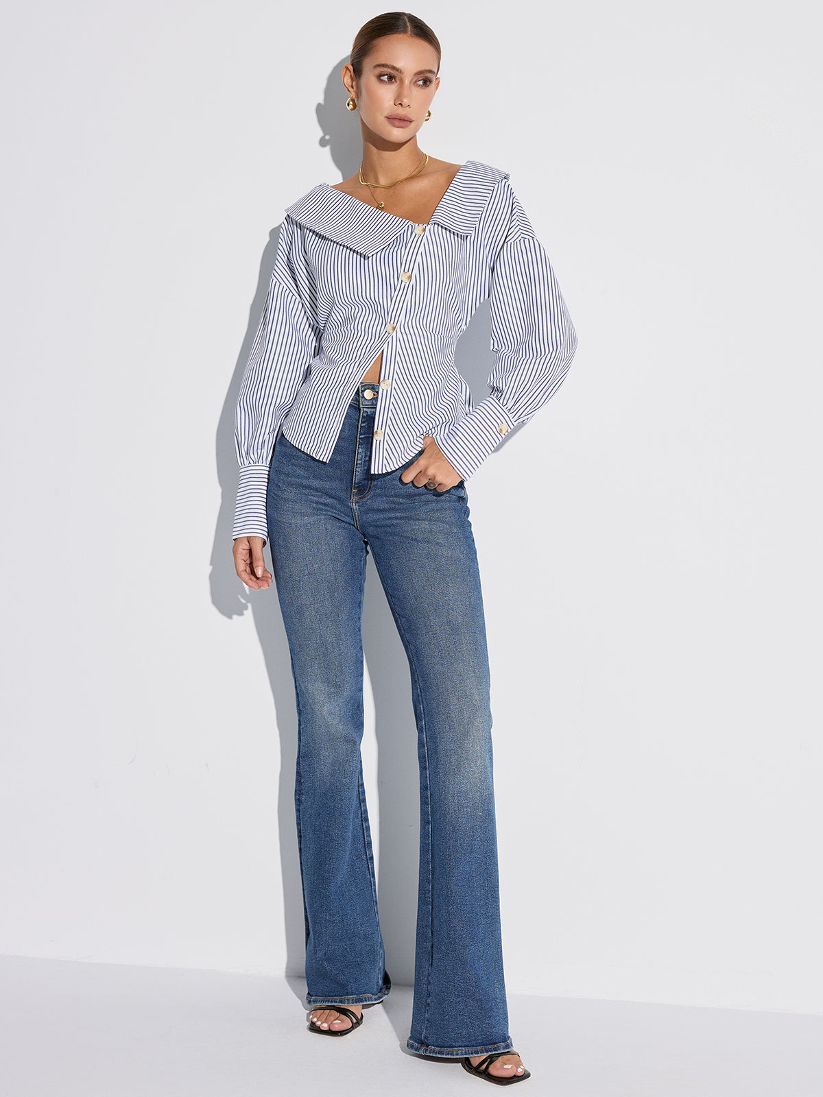 Striped Asymmetrical Placket Button Shirt-Massicos