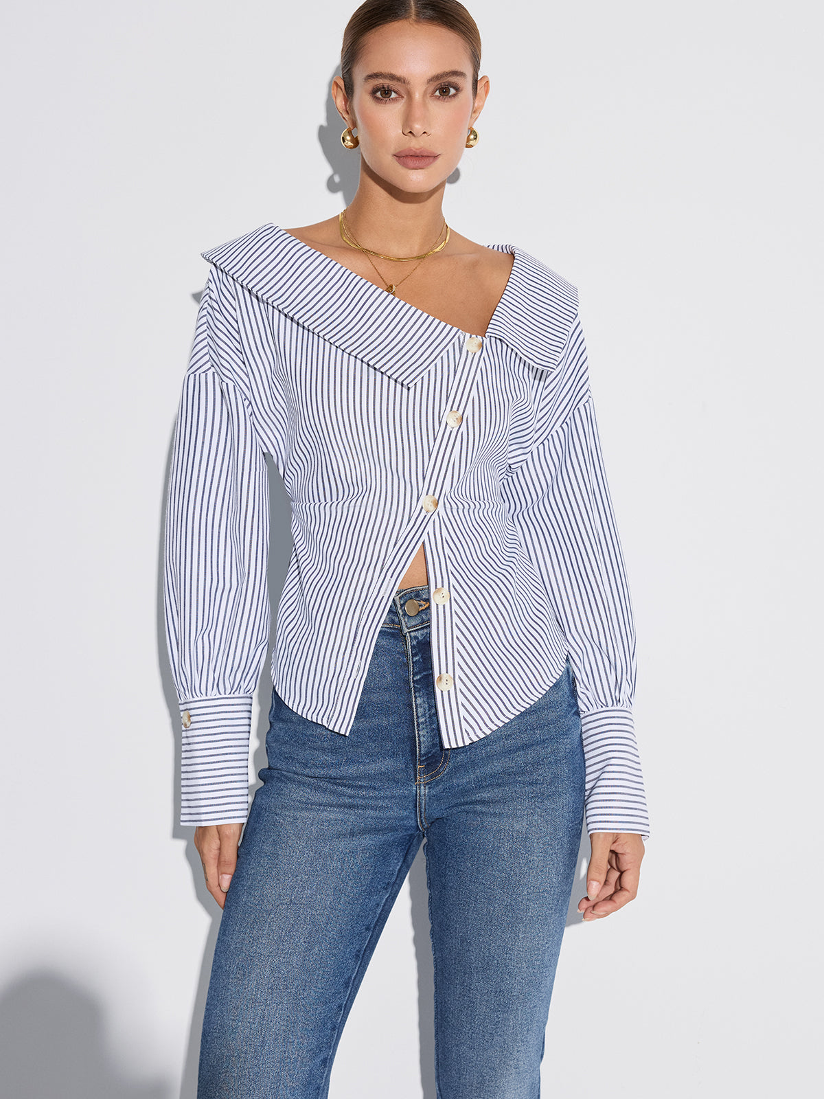 Striped Asymmetrical Placket Button Shirt-Massicos