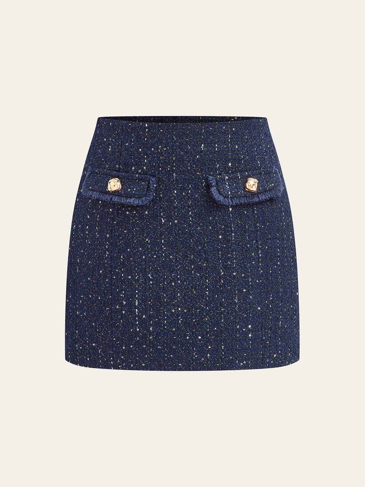 Sequin Tweed Mini Skirt with Decor Pocket-Massicos