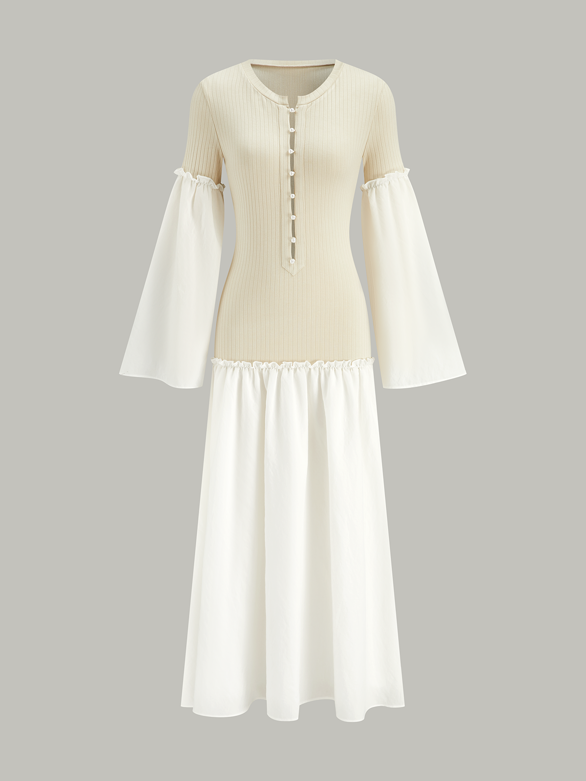 Bell Sleeve Contrast Panel Ribbed Maxi Dress-Massicos