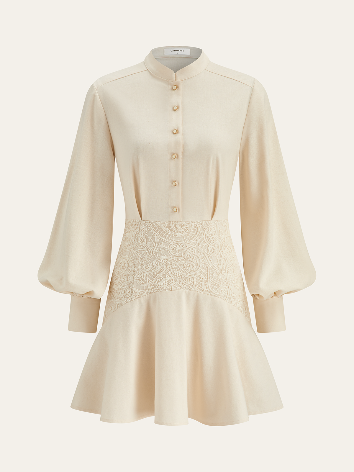 Stand Collar Button Lace Waist Dress-Massicos