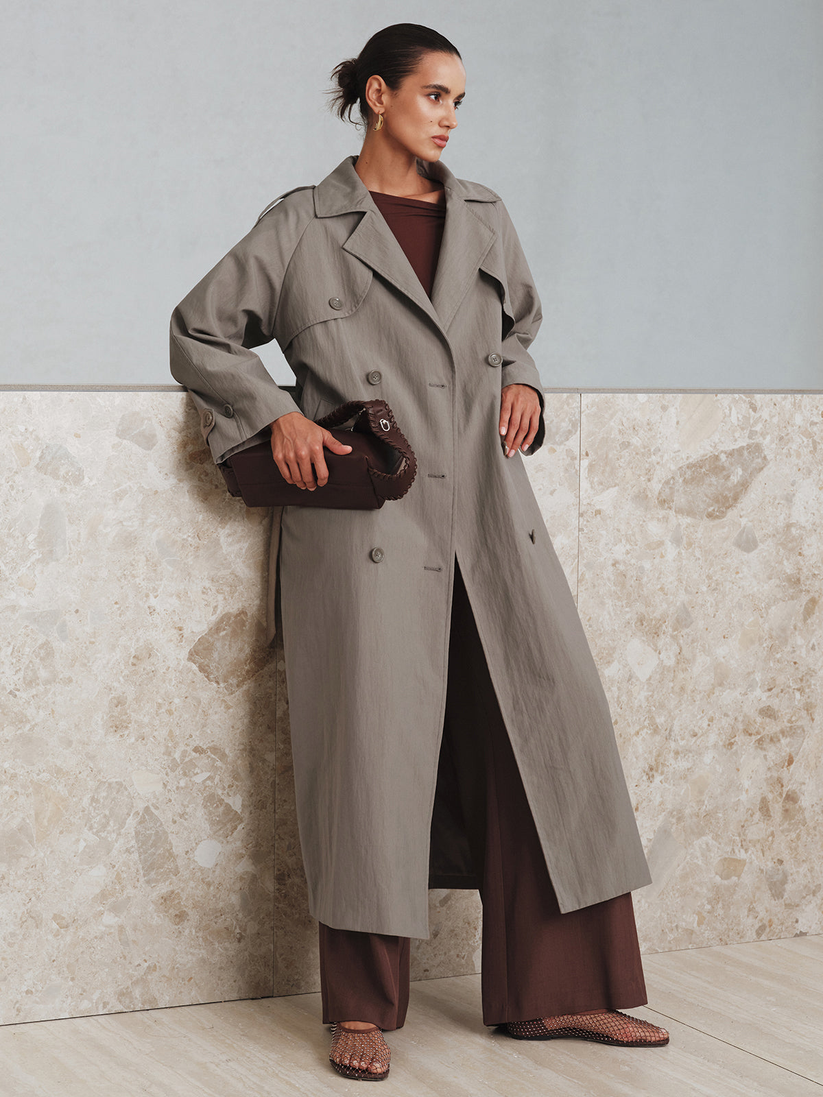 Cotton Oversize Long Trench Coat with Belt-Massicos