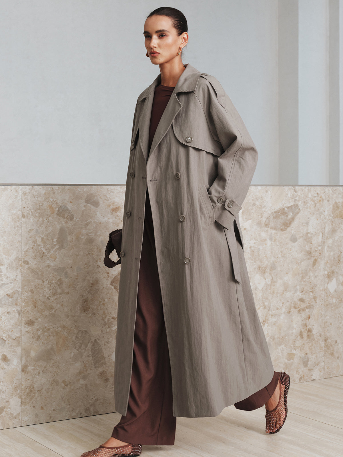 Cotton Oversize Long Trench Coat with Belt-Massicos