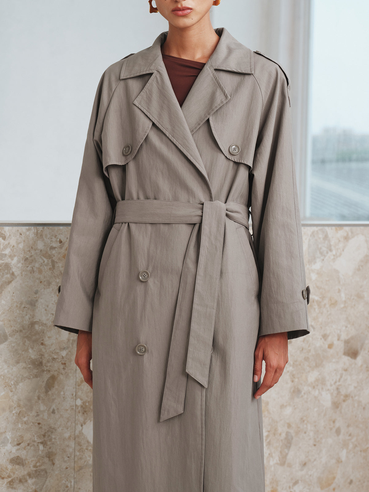 Cotton Oversize Long Trench Coat with Belt-Massicos