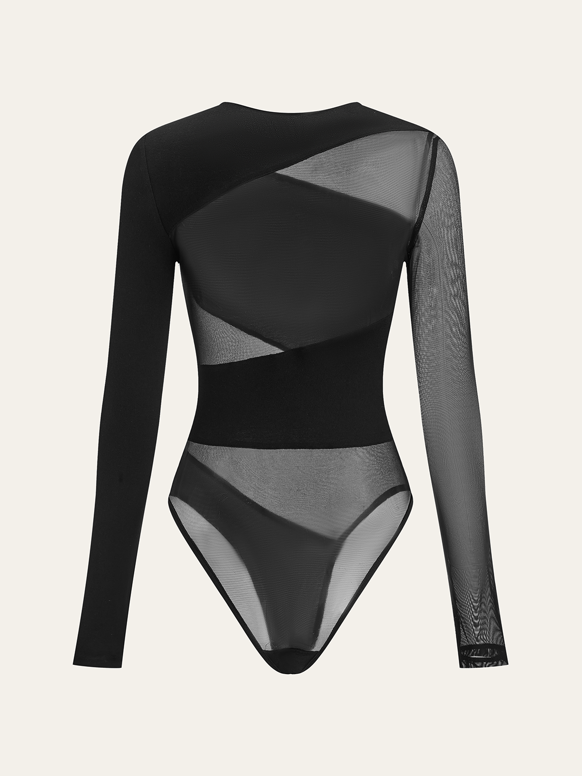 Sheer Mesh Panel Long Sleeve Bodysuit-Massicos