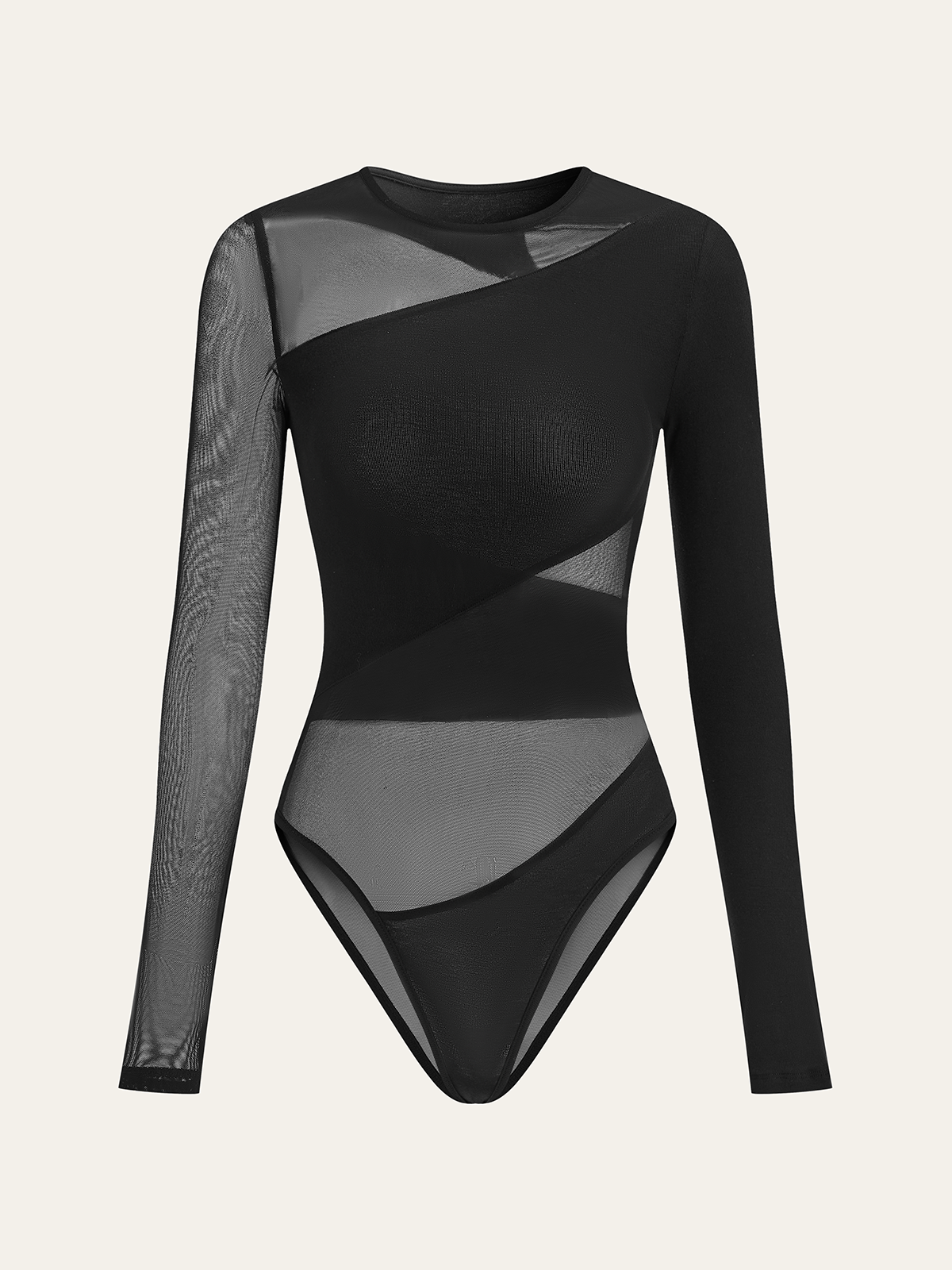 Sheer Mesh Panel Long Sleeve Bodysuit-Massicos