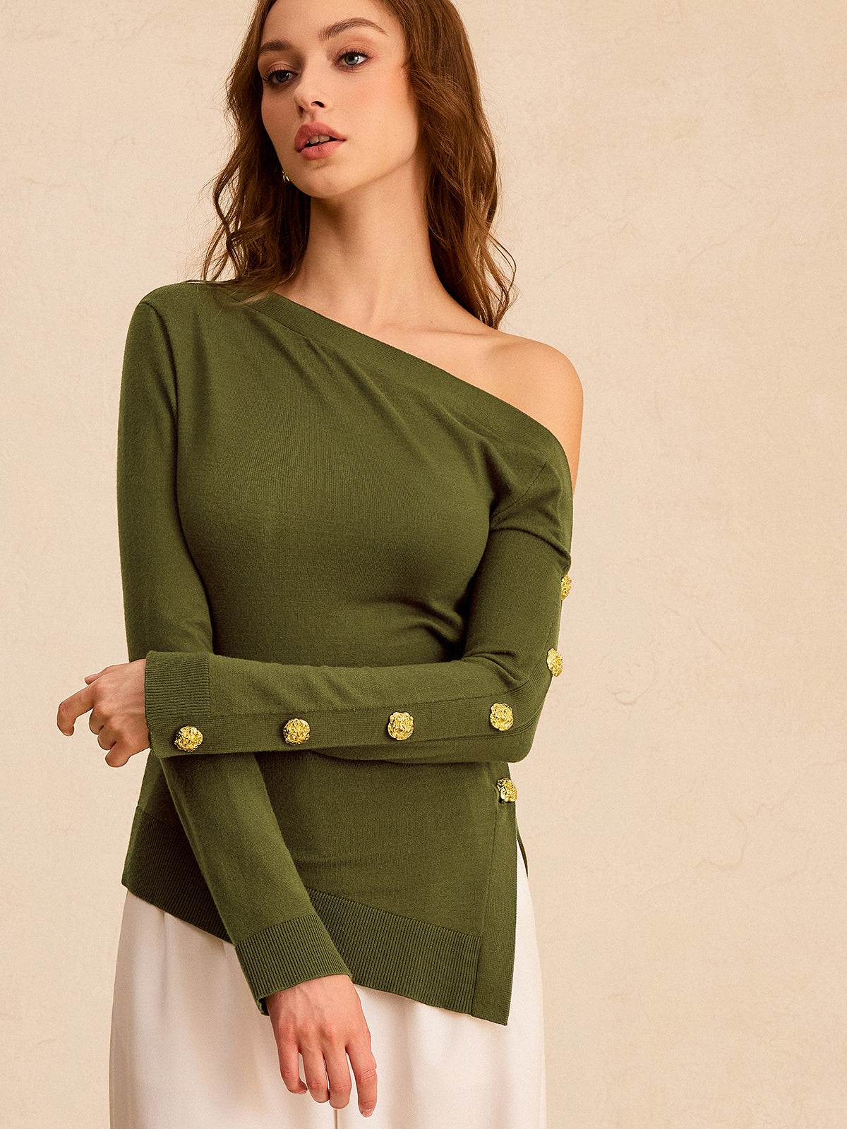 One-Shoulder Metal Detail Asymmetric Knit Top-Massicos
