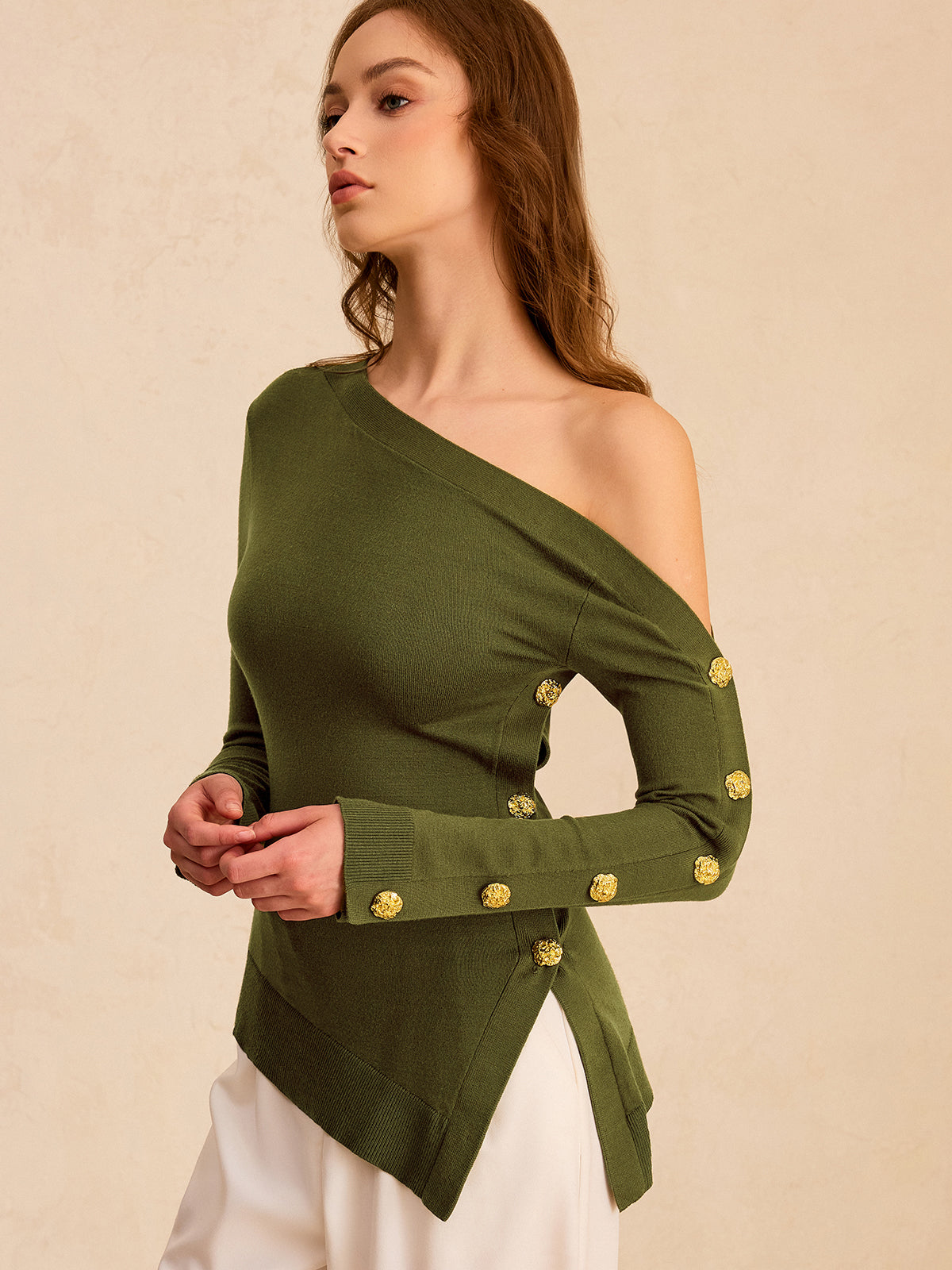 One-Shoulder Metal Detail Asymmetric Knit Top-Massicos