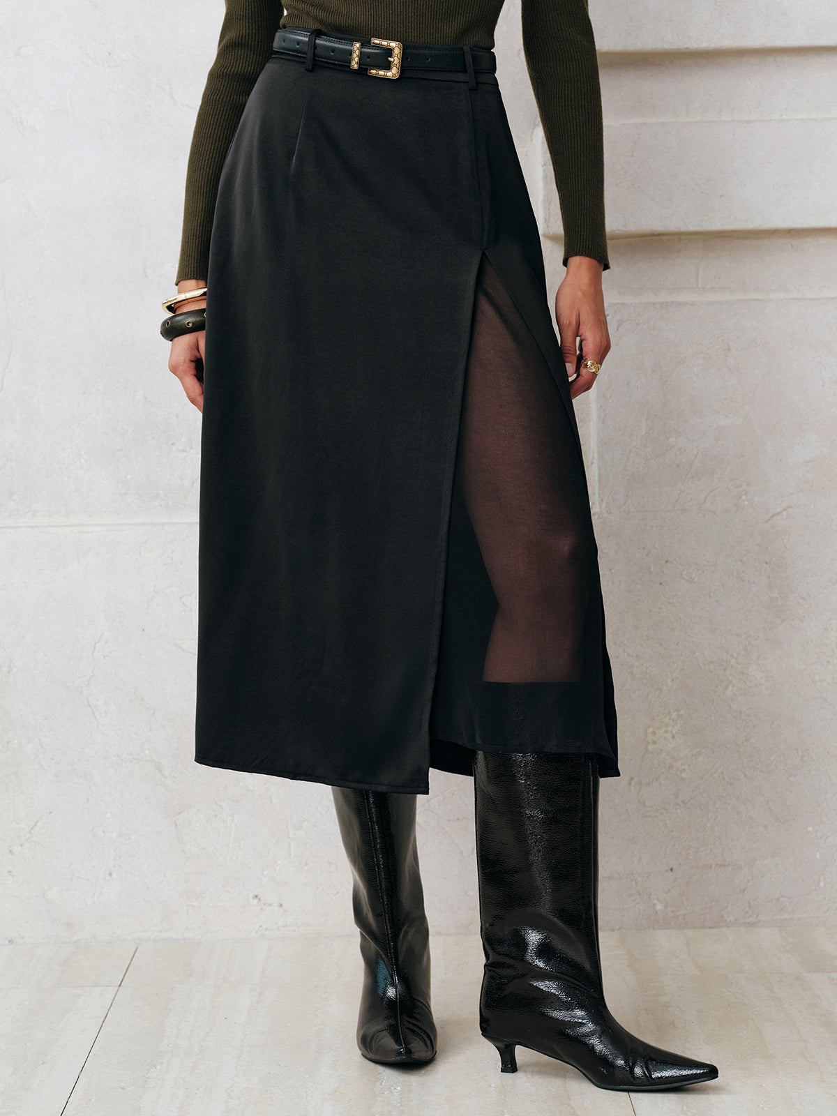 Sheer Slit Midi Skirt without Belt-Massicos