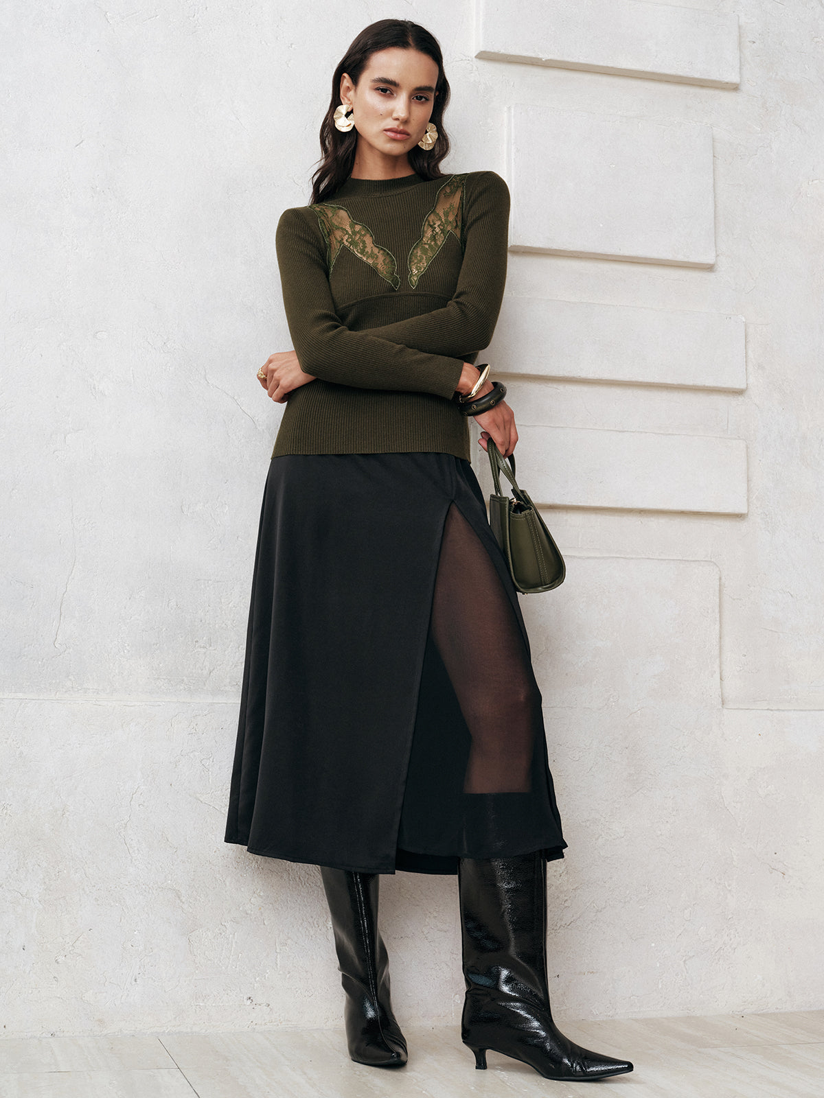 Sheer Slit Midi Skirt without Belt-Massicos