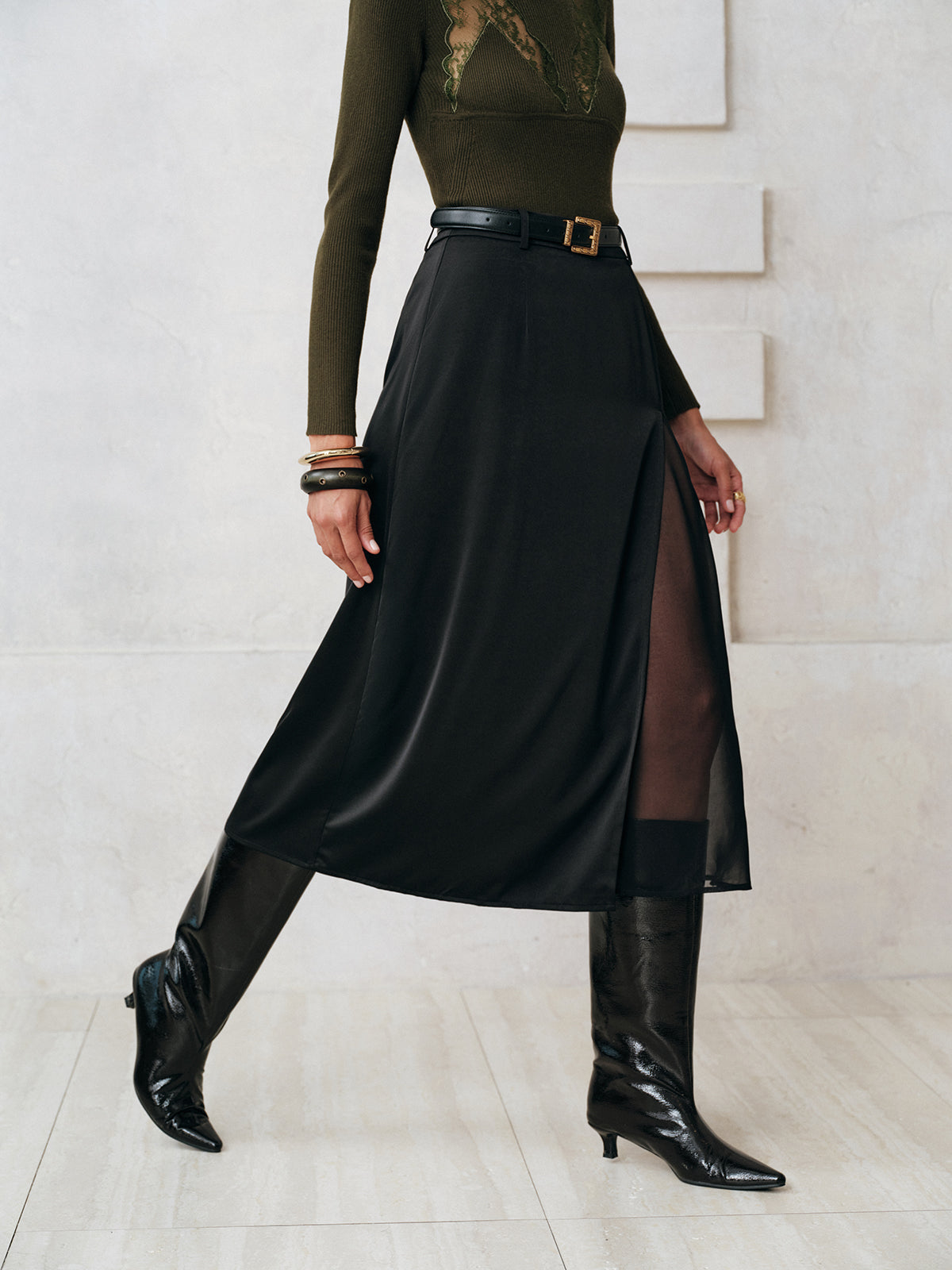 Sheer Slit Midi Skirt without Belt-Massicos