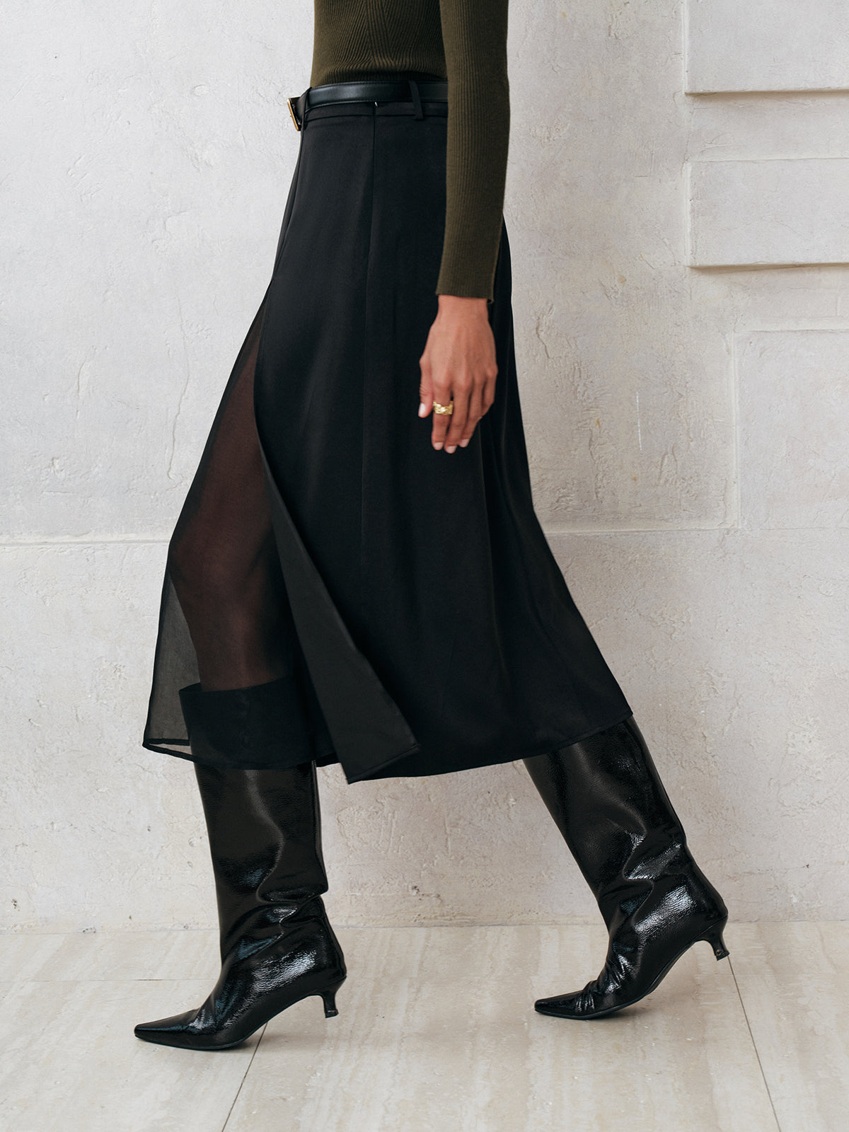Sheer Slit Midi Skirt without Belt-Massicos
