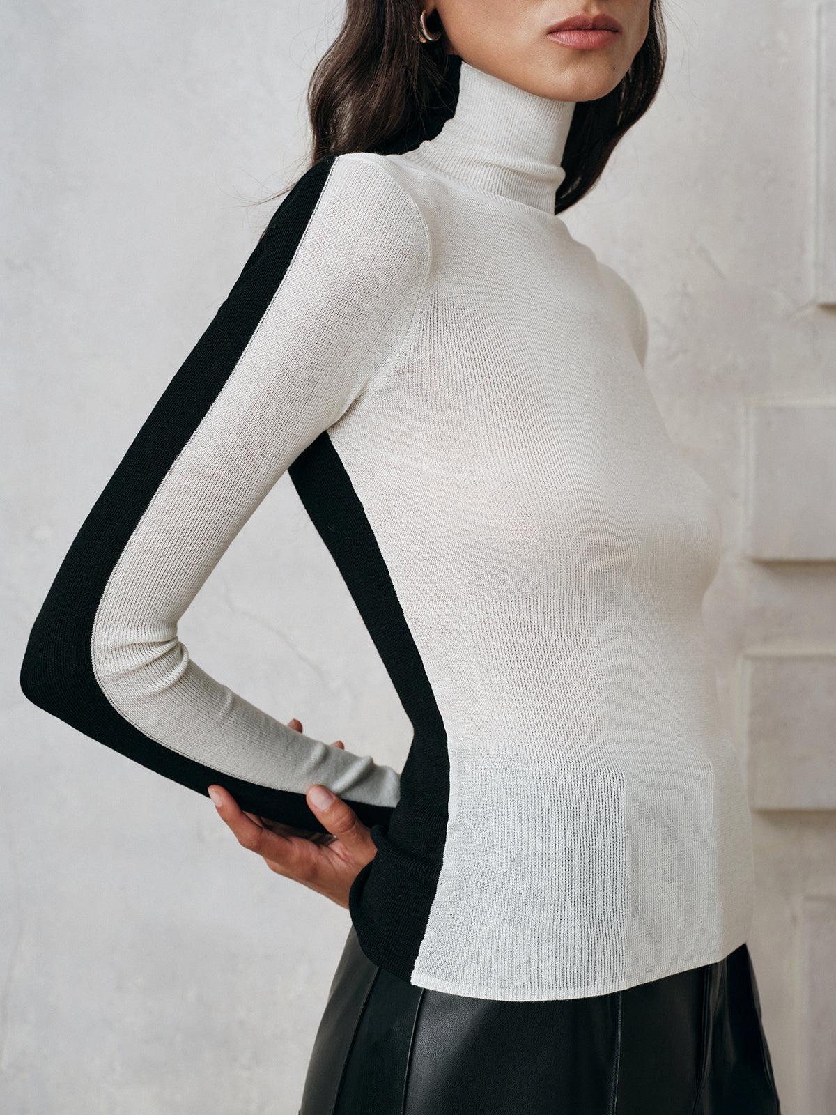 Color-Block Wool Blend Turtleneck Knit Top-Massicos