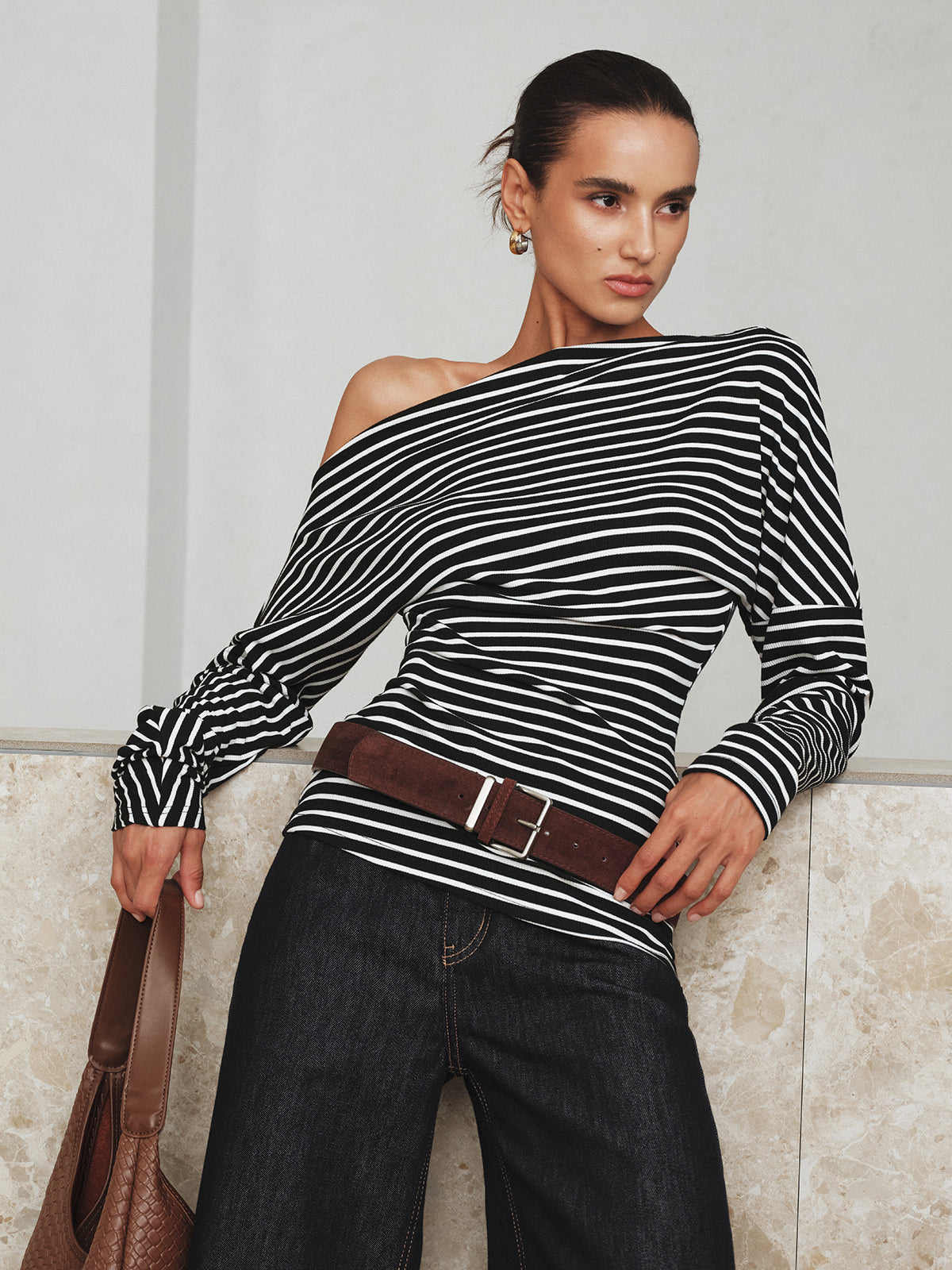 Striped Asymmetric One-Shoulder T-Shirt-Massicos