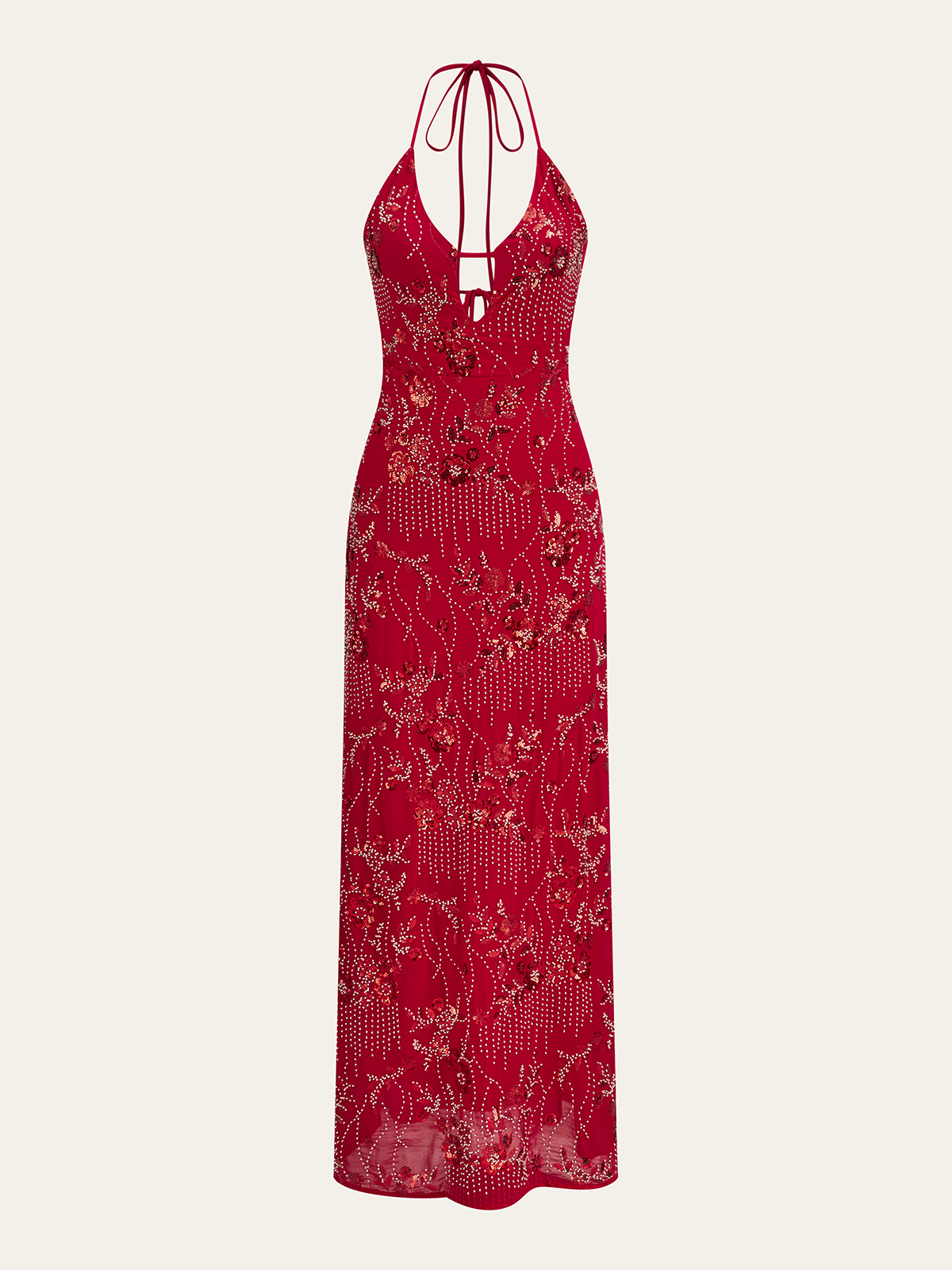 Halter Neck Sequin Embroidered Backless Maxi Dress-Massicos