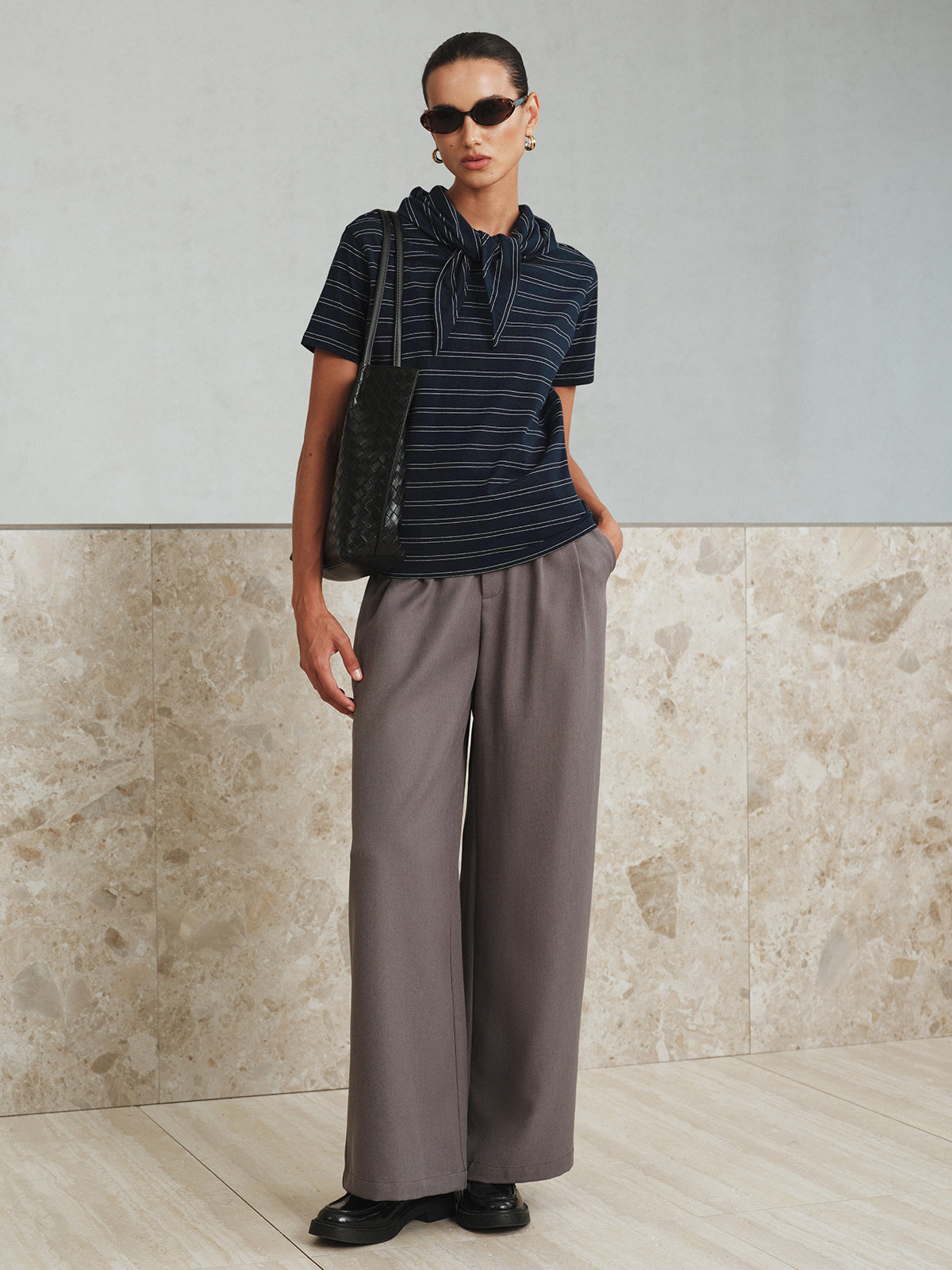 Striped Detachable Scarf Collar T-Shirt-Massicos