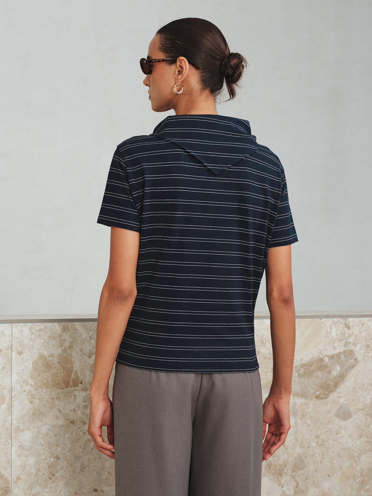 Striped Detachable Scarf Collar T-Shirt-Massicos